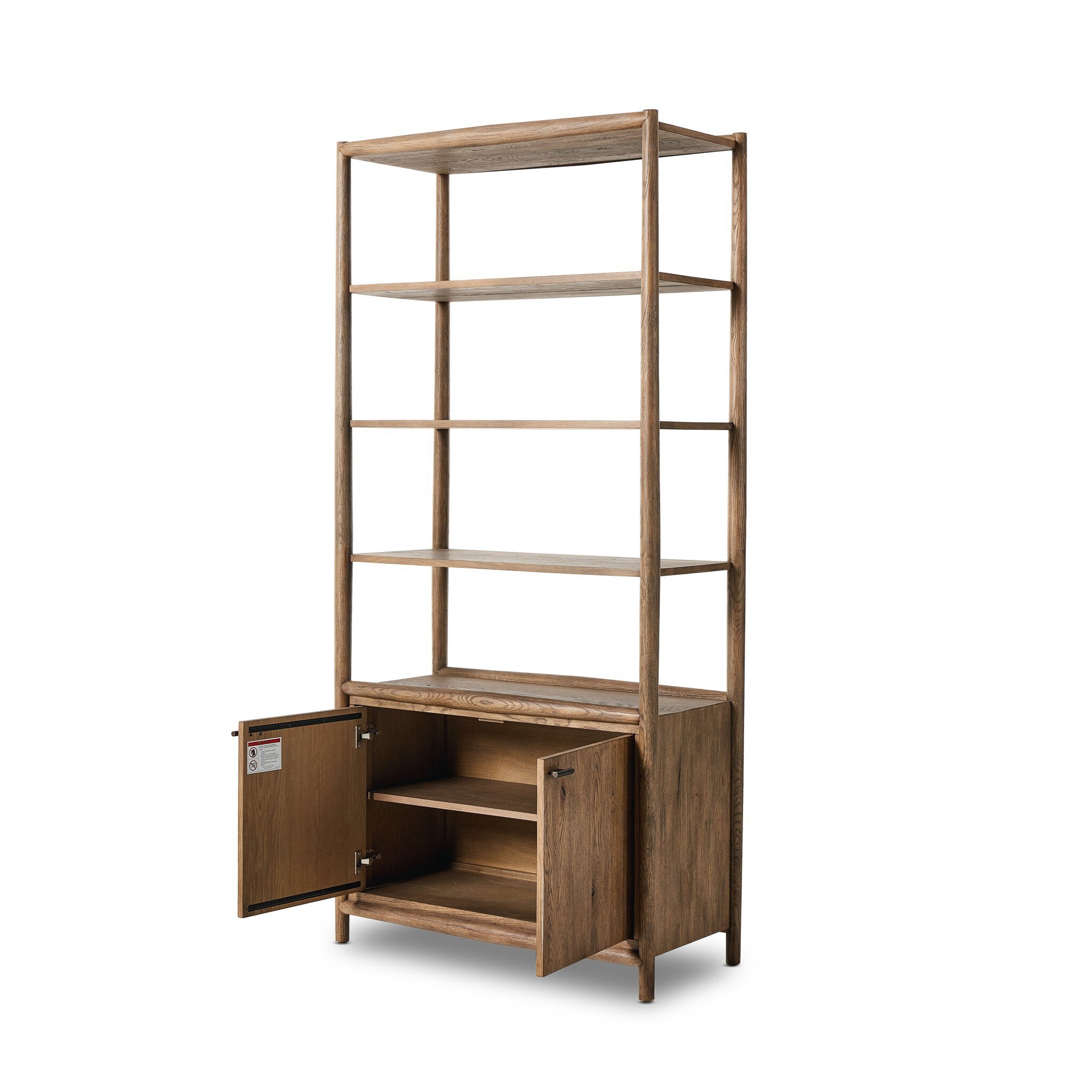 Wooden bookshelf with open doors on a white background