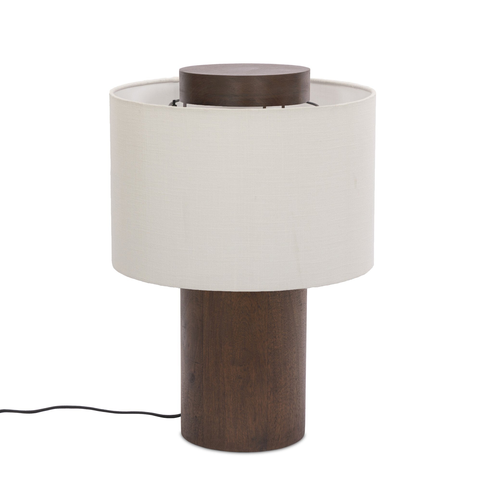 Table lamp with a white shade and wooden base on a white background