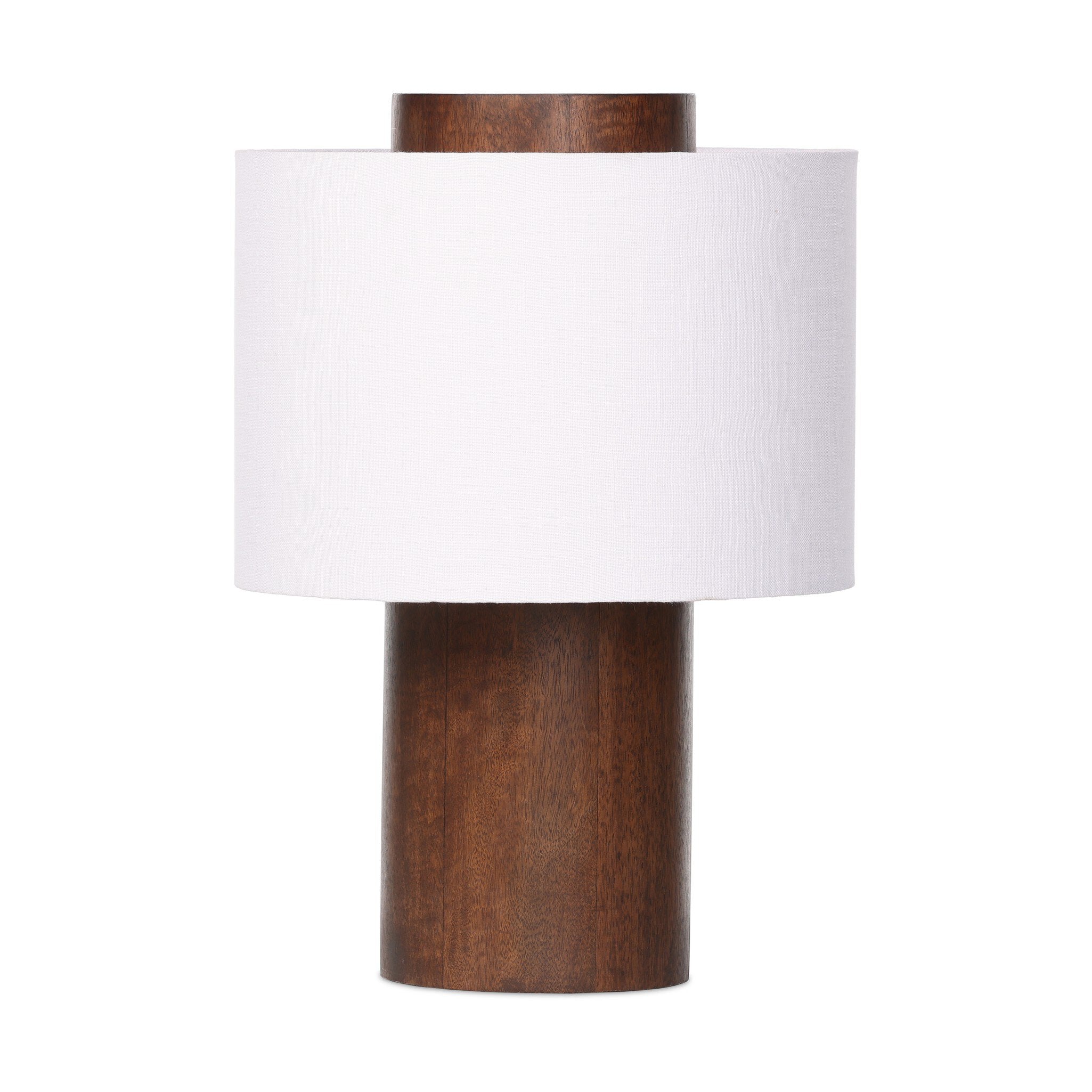Table lamp with wooden base and white shade on a white background