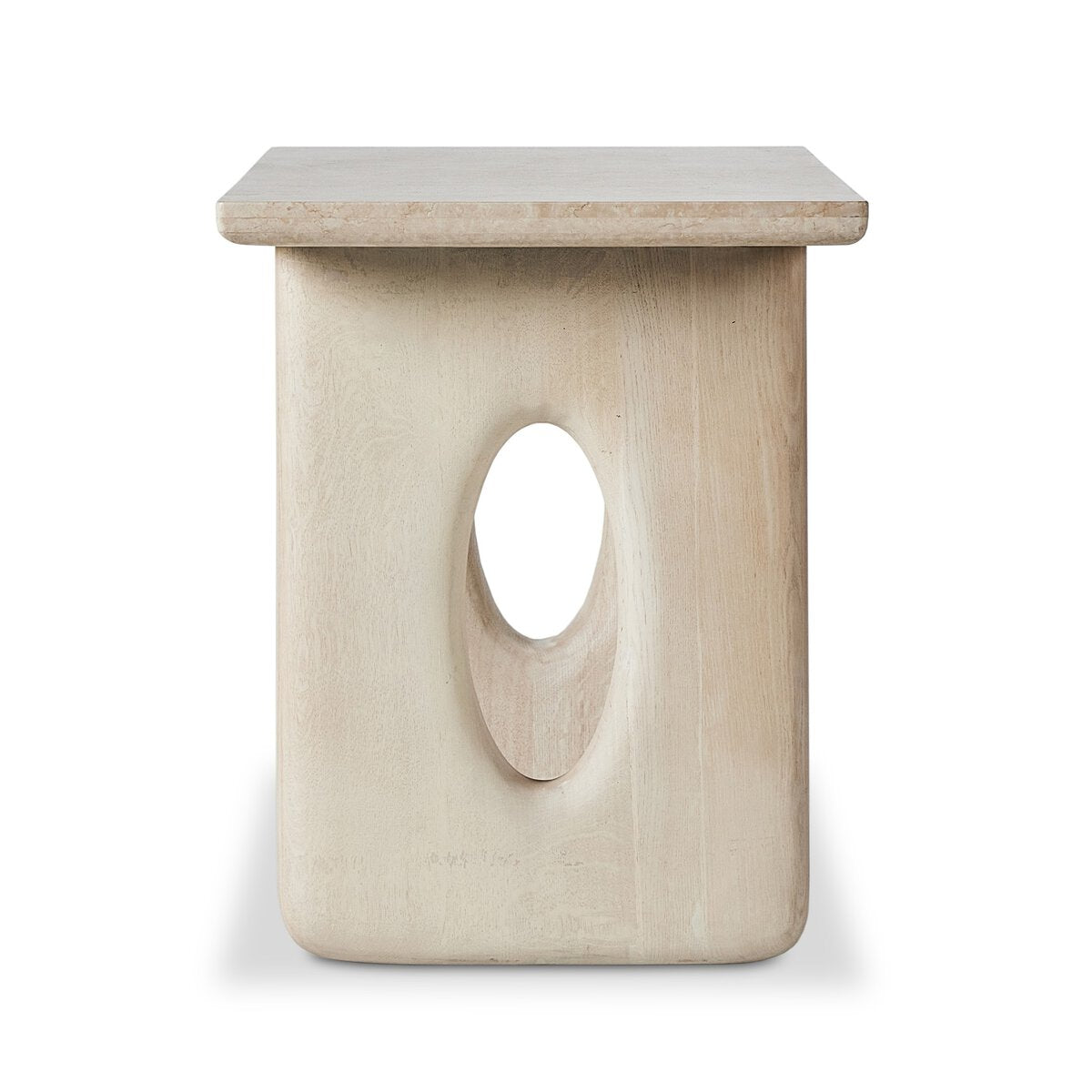 Minimalist wooden stool with a circular hole on a white background