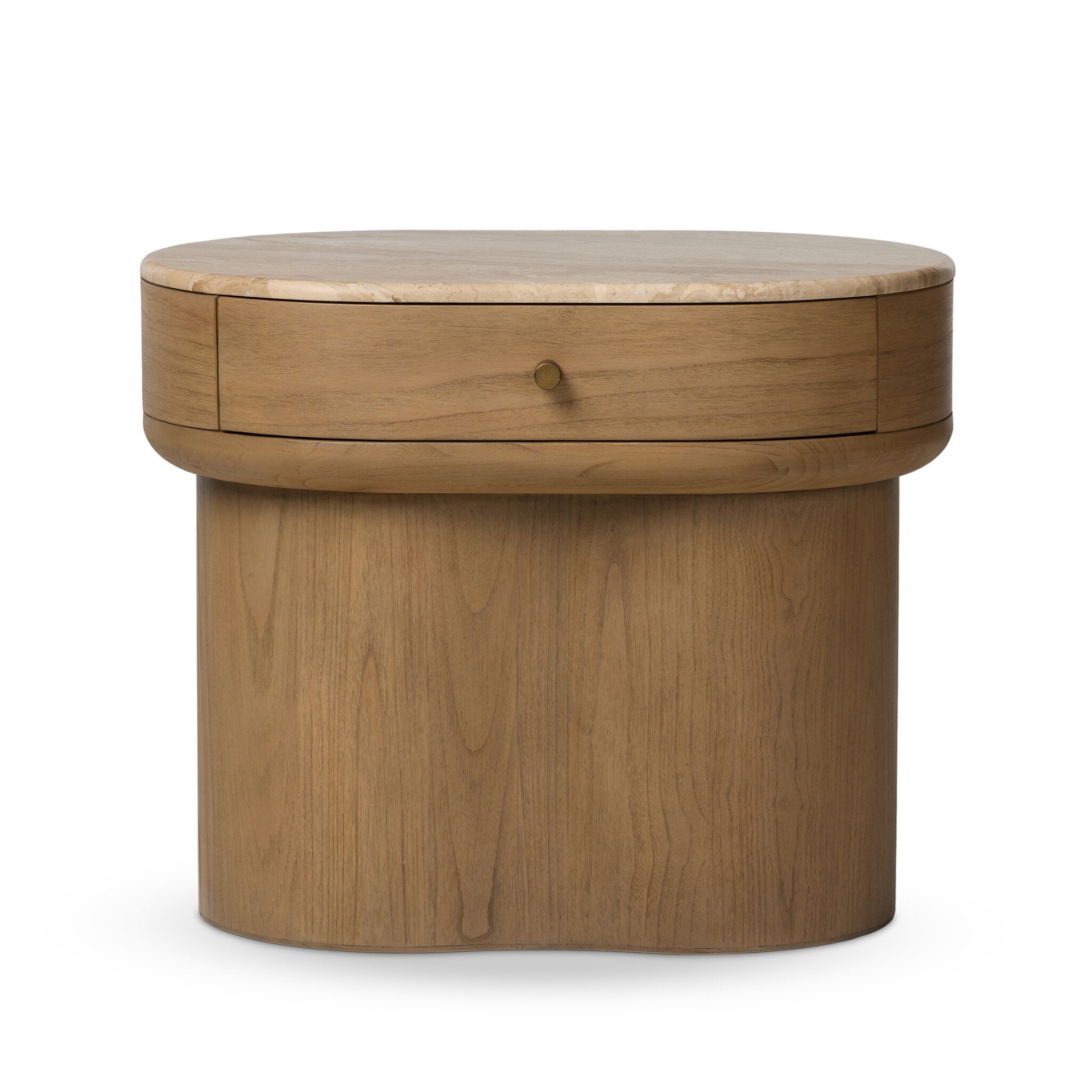 Wooden side table with a drawer on a white background