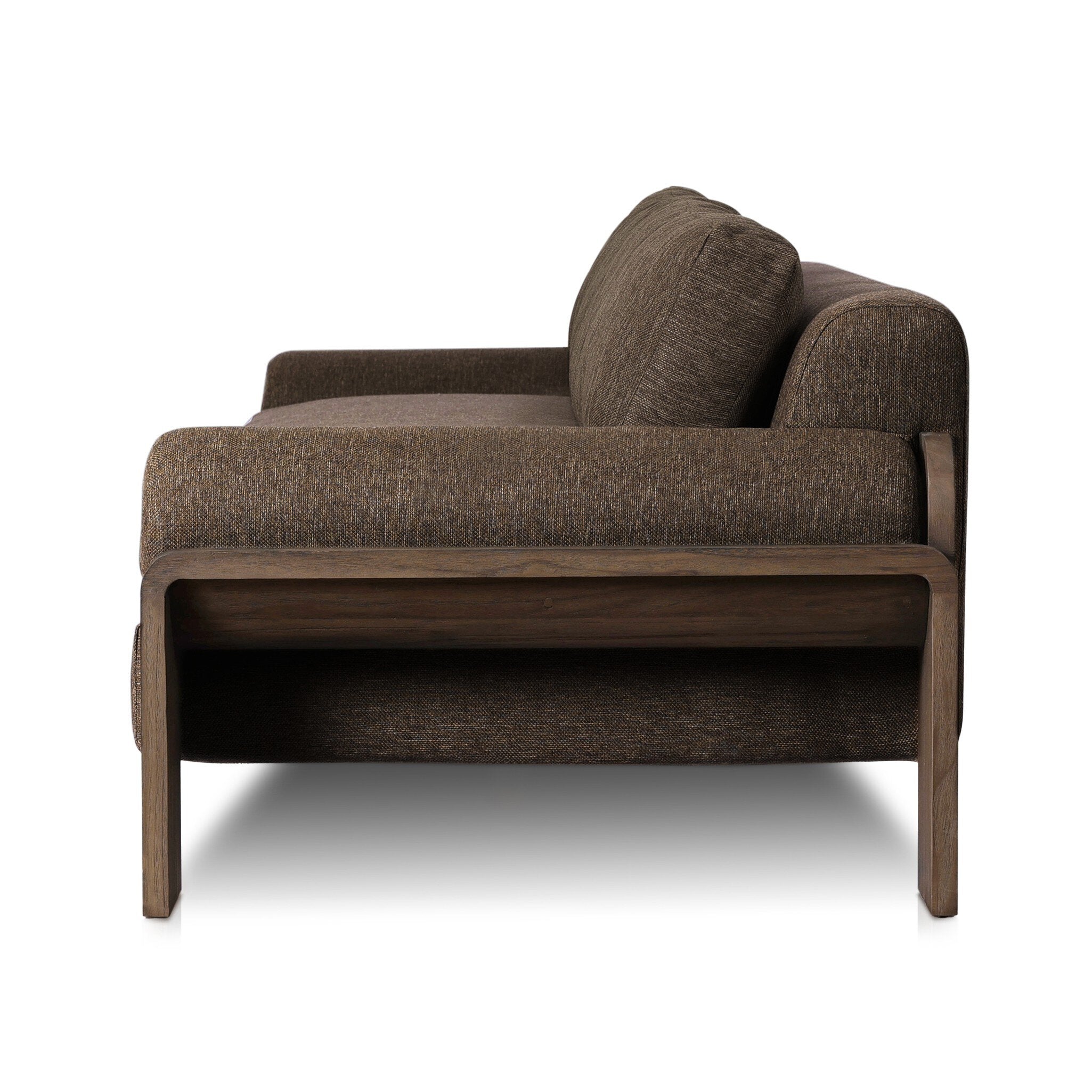 Brown upholstered outdoor sofa on a white background