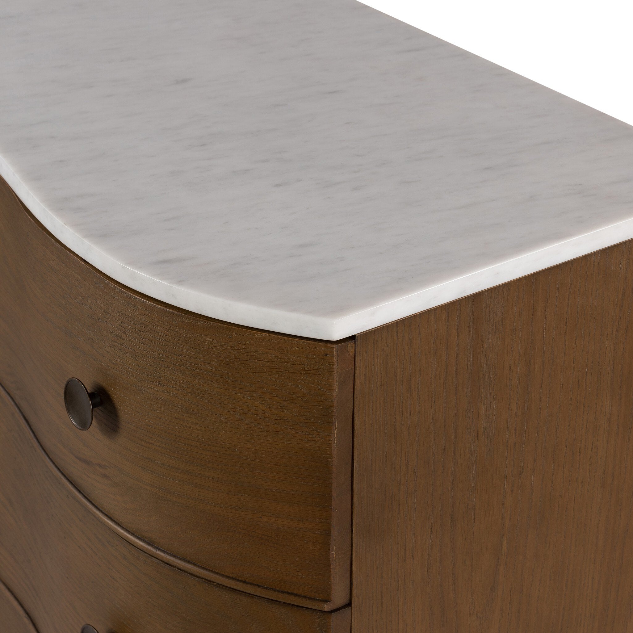 Wooden dresser with marble top on a white background