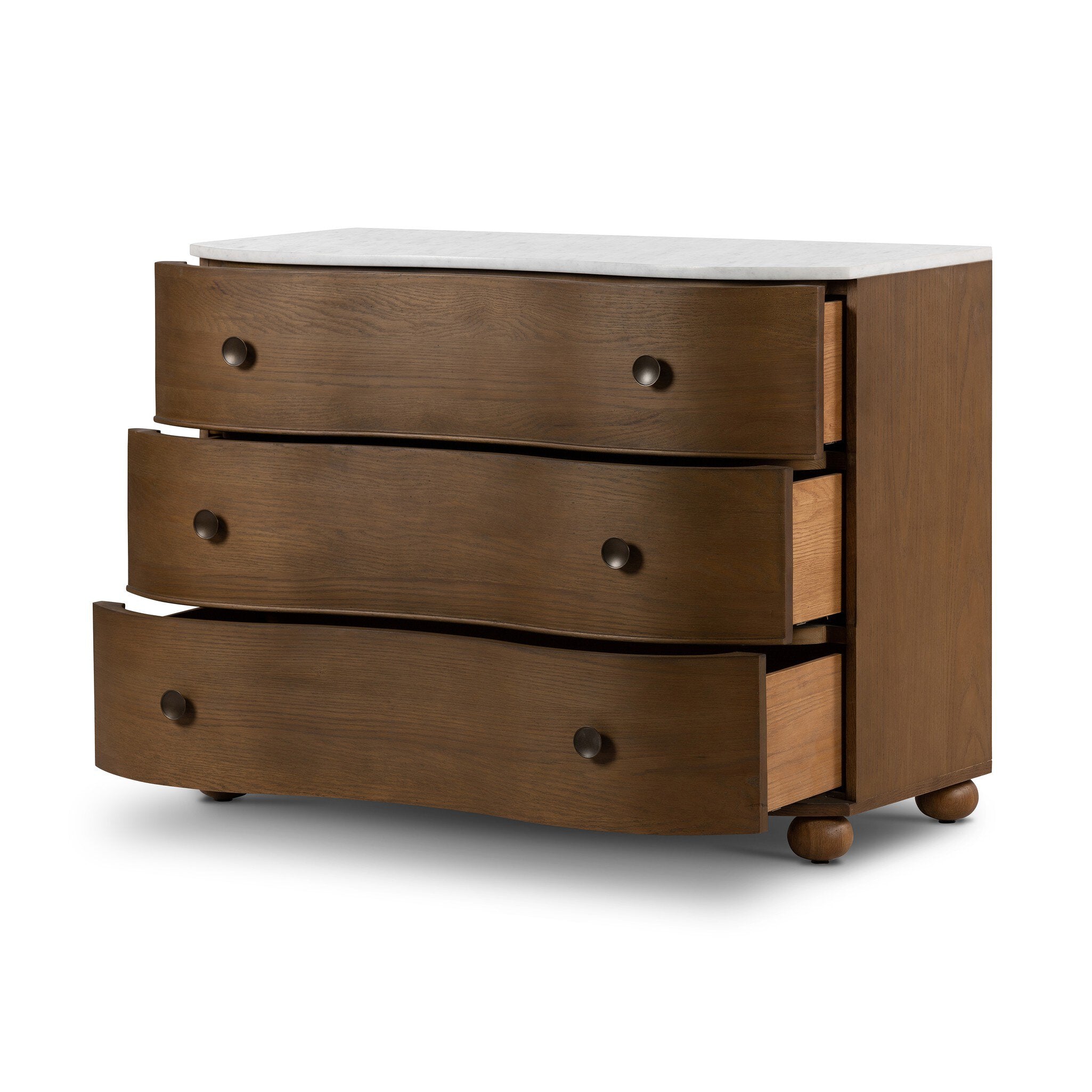 Wooden dresser with three drawers on a white background