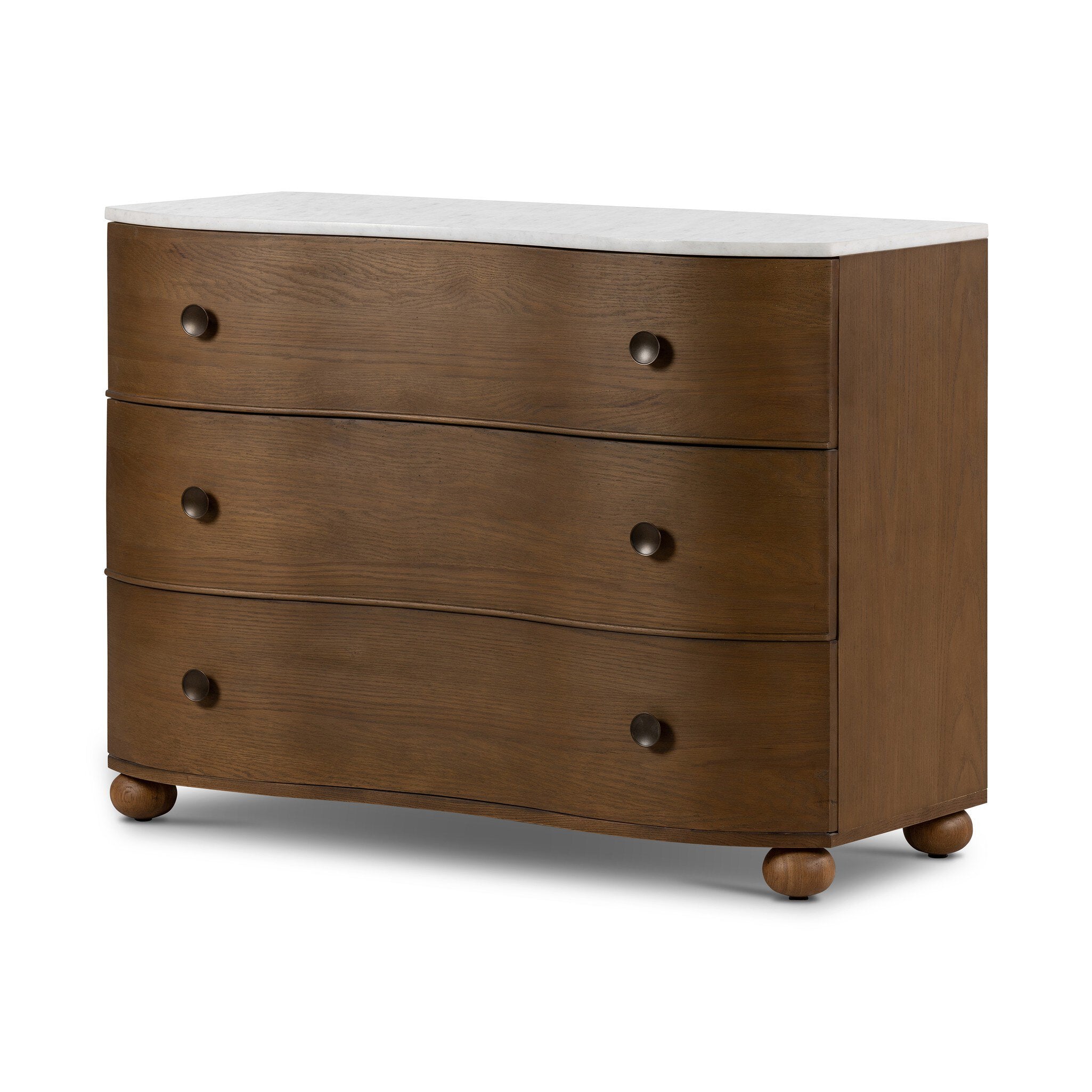 Wooden dresser with three drawers on a white background