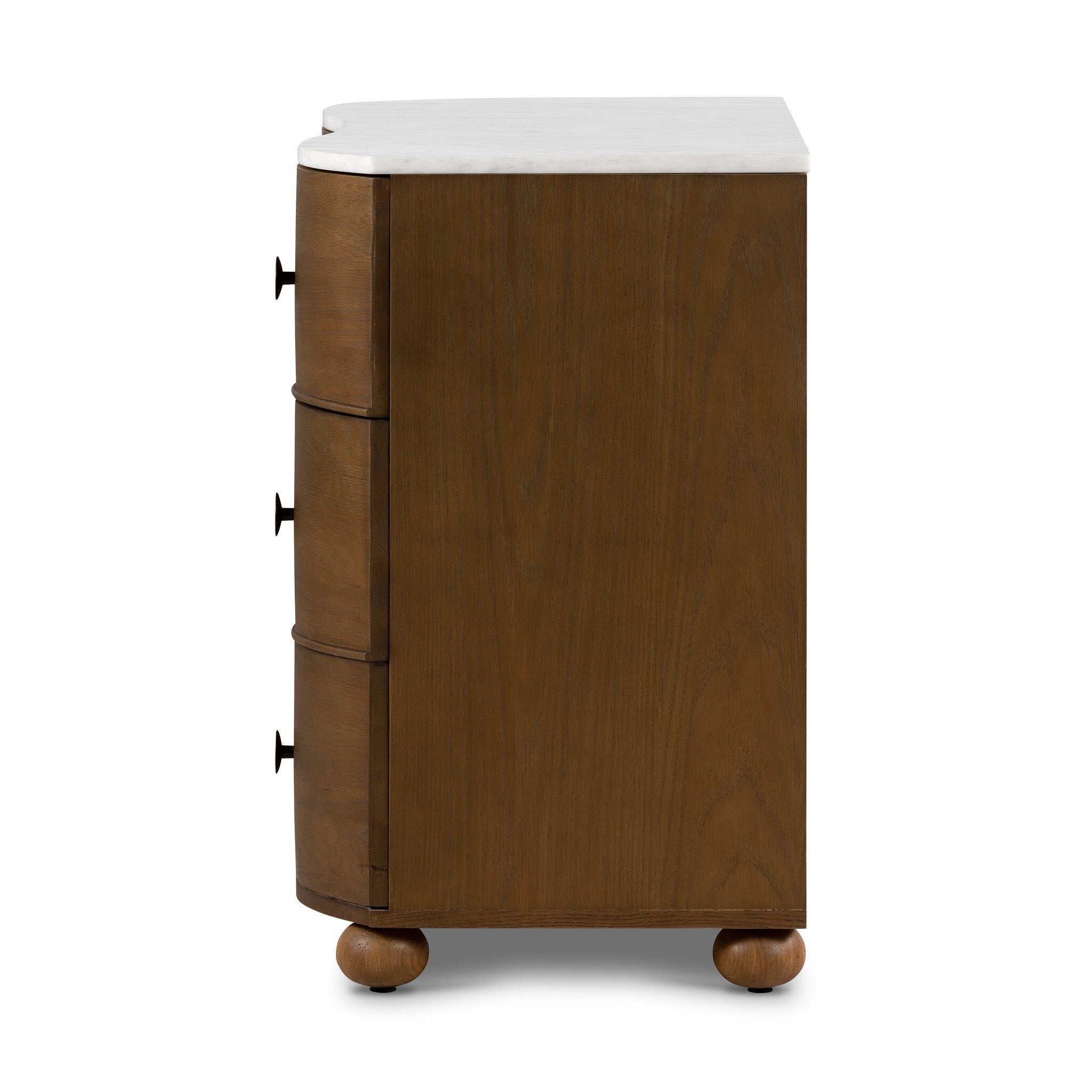 Wooden cabinet with white marble countertop on a white background