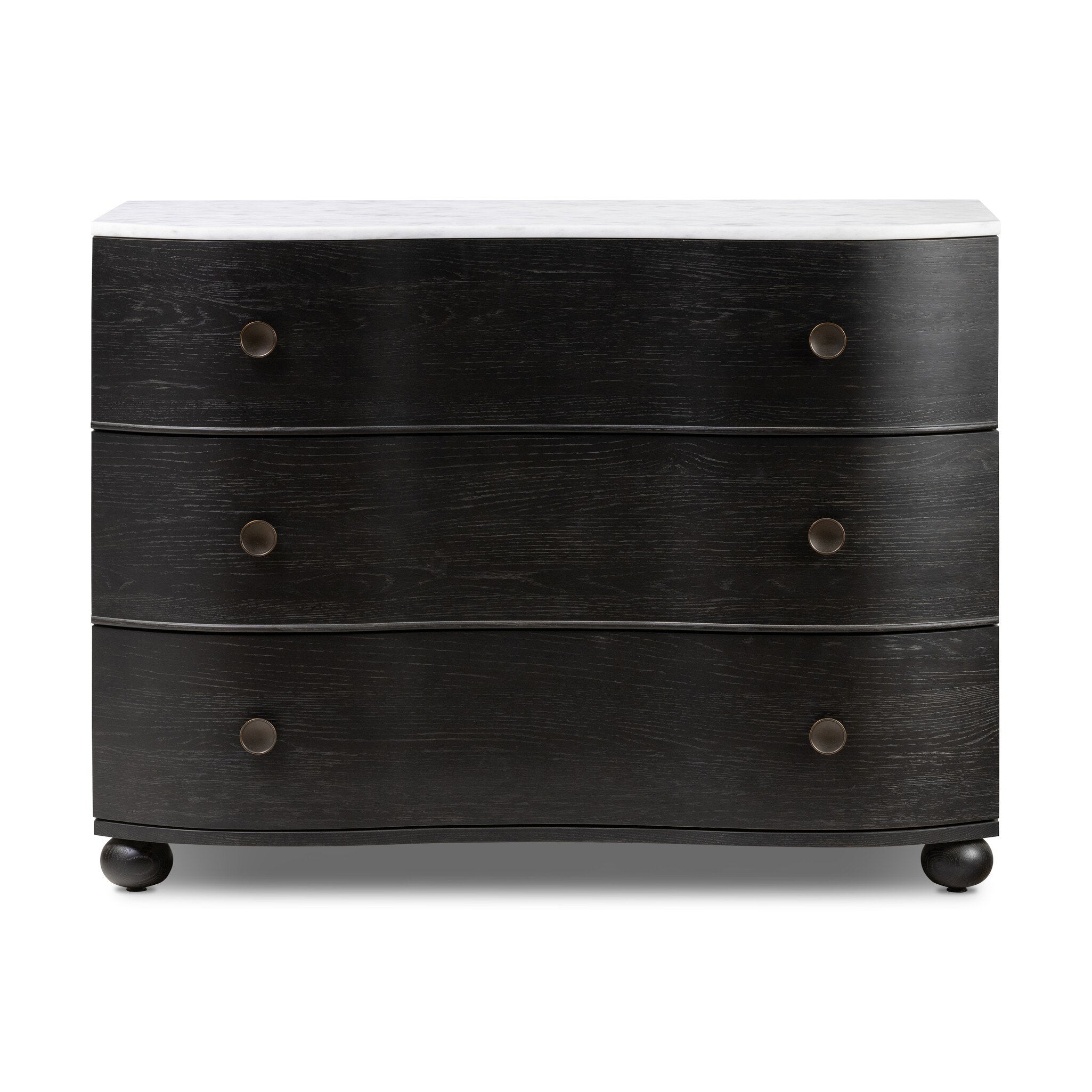 Dark wood dresser with three drawers on a white background