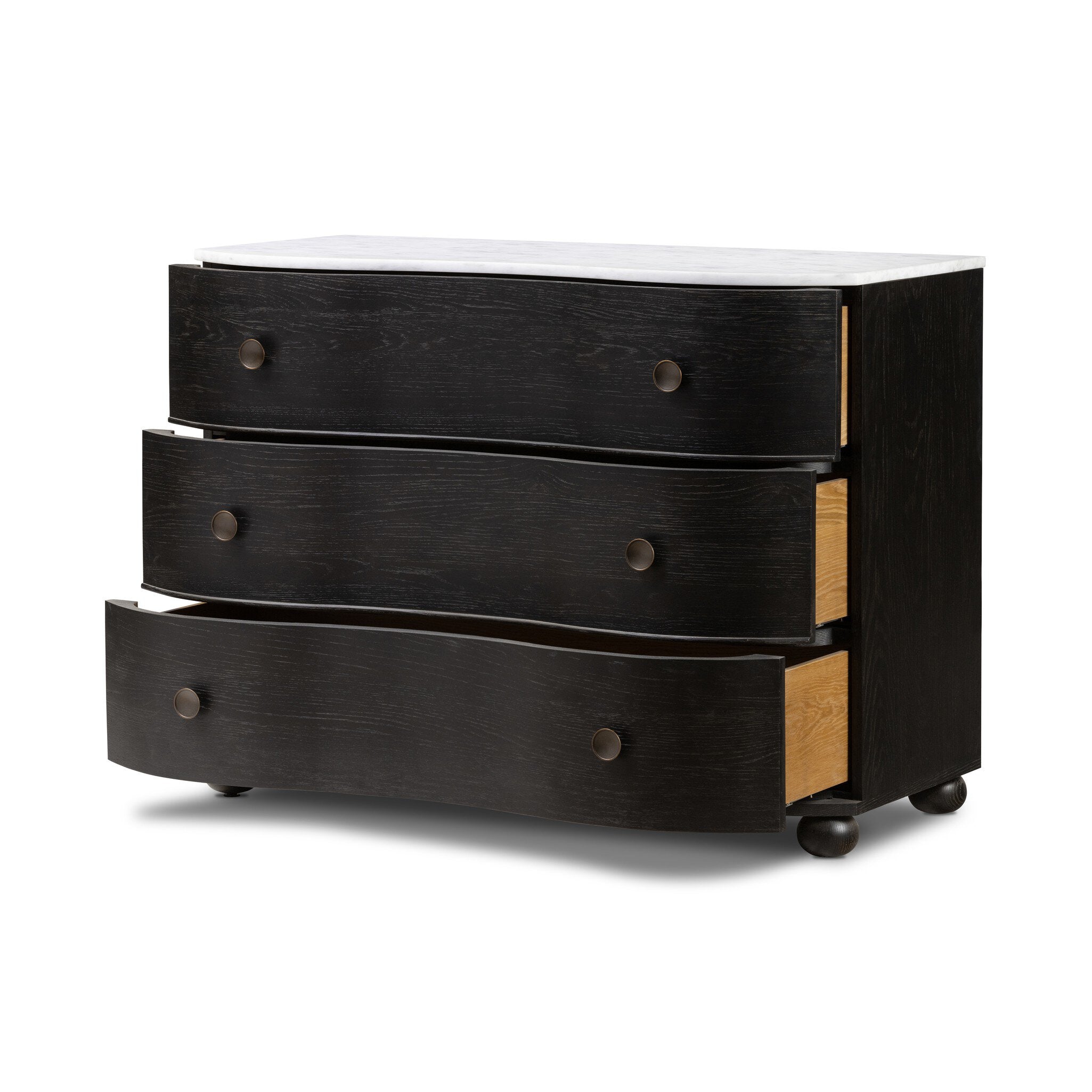 Black three-drawer dresser with wooden accents on a white background