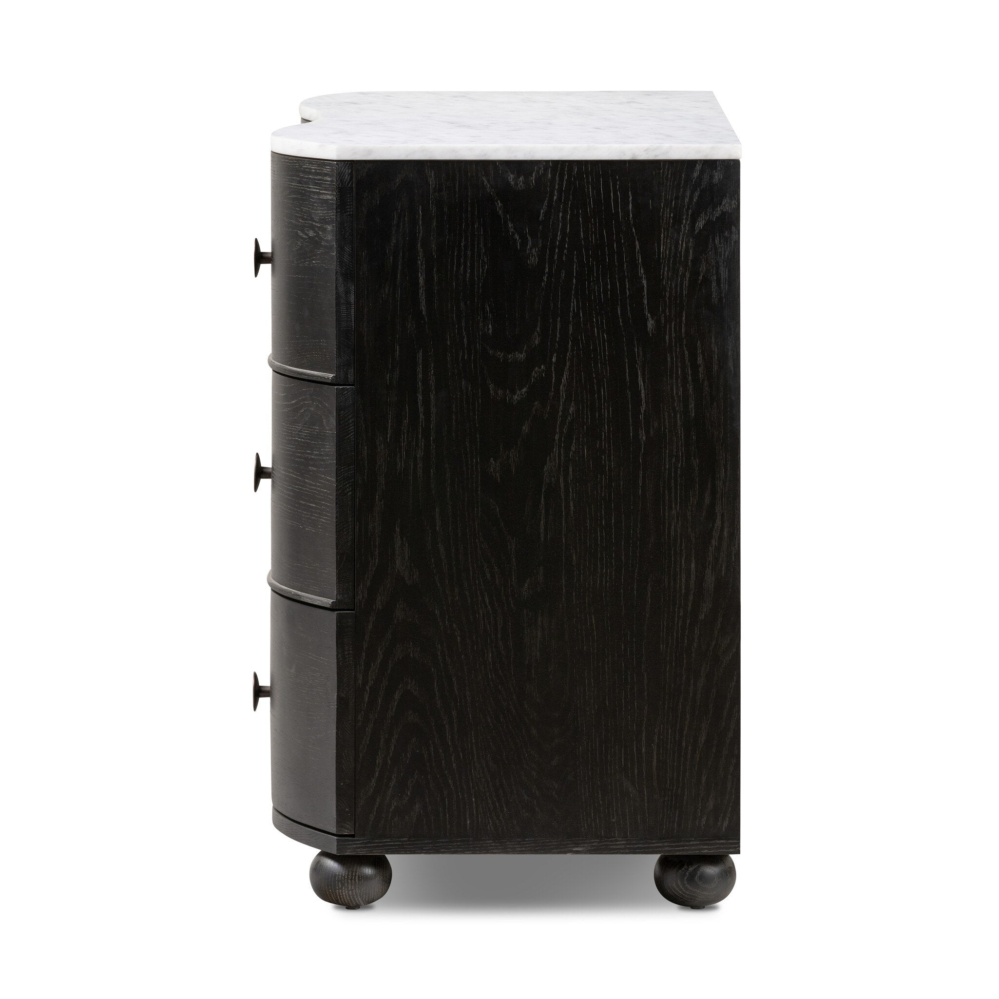Black wooden cabinet with wheels on a white background