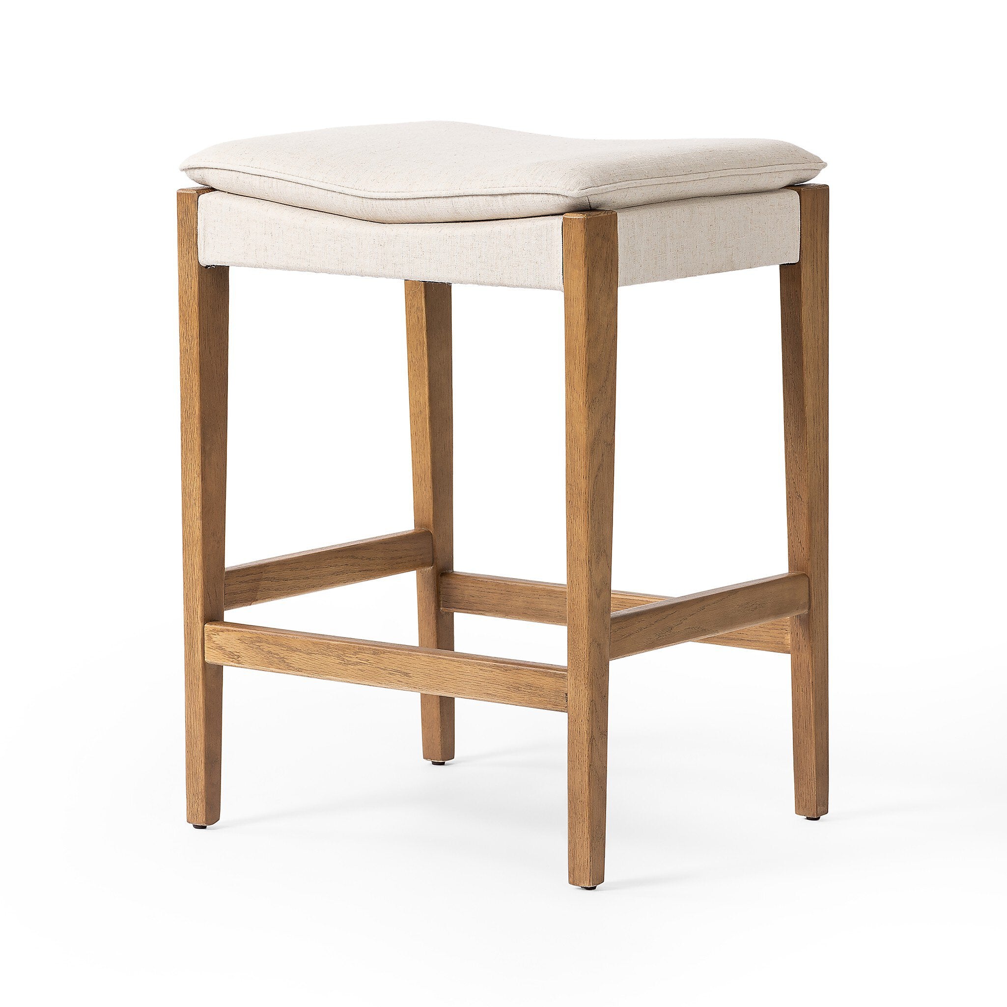 Wooden stool with a white cushion on a white background