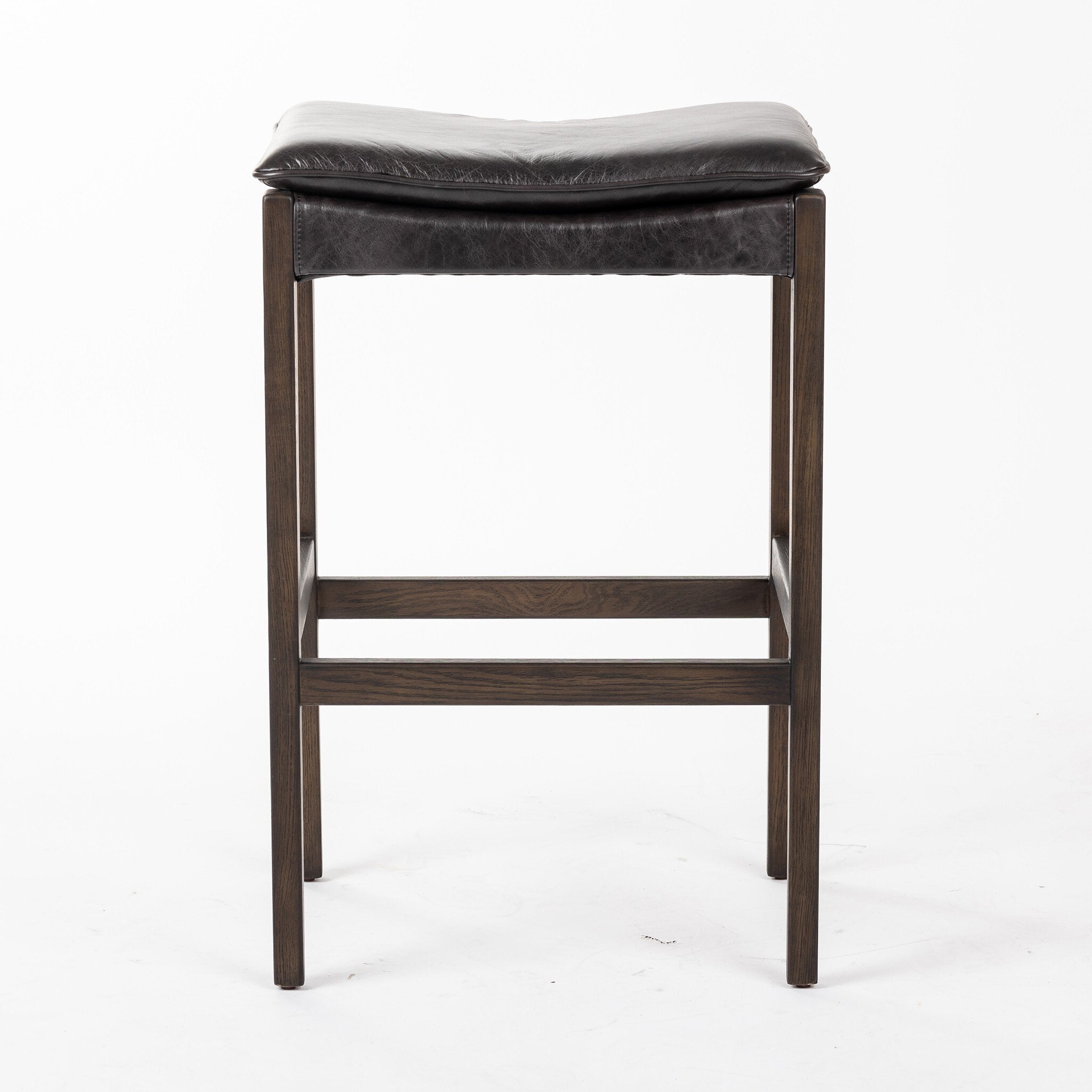 Bar stool with black leather seat and wooden frame on a white background