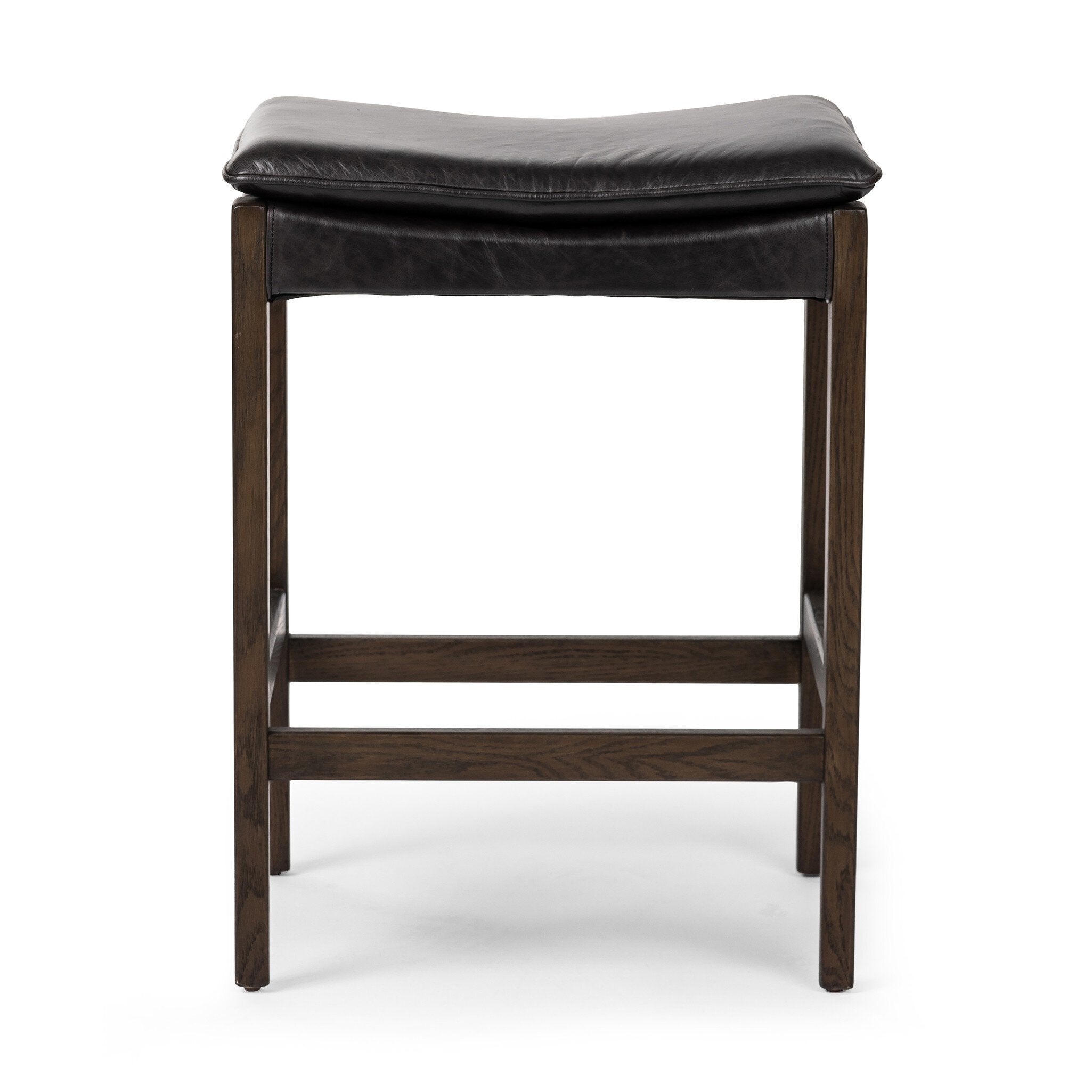 Bar stool with black leather seat and wooden frame on a white background