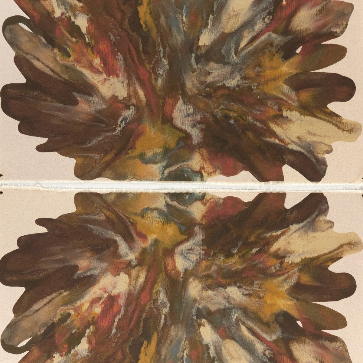 Two abstract paintings with swirling colors on a beige background