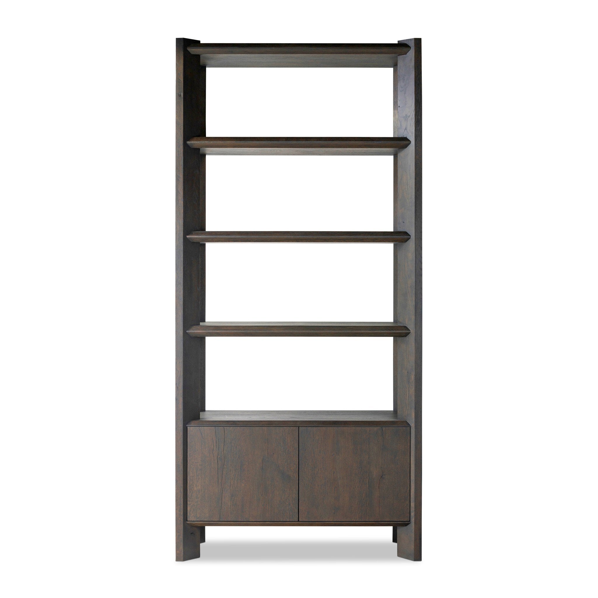 Wooden bookshelf with four shelves and a cabinet on a white background