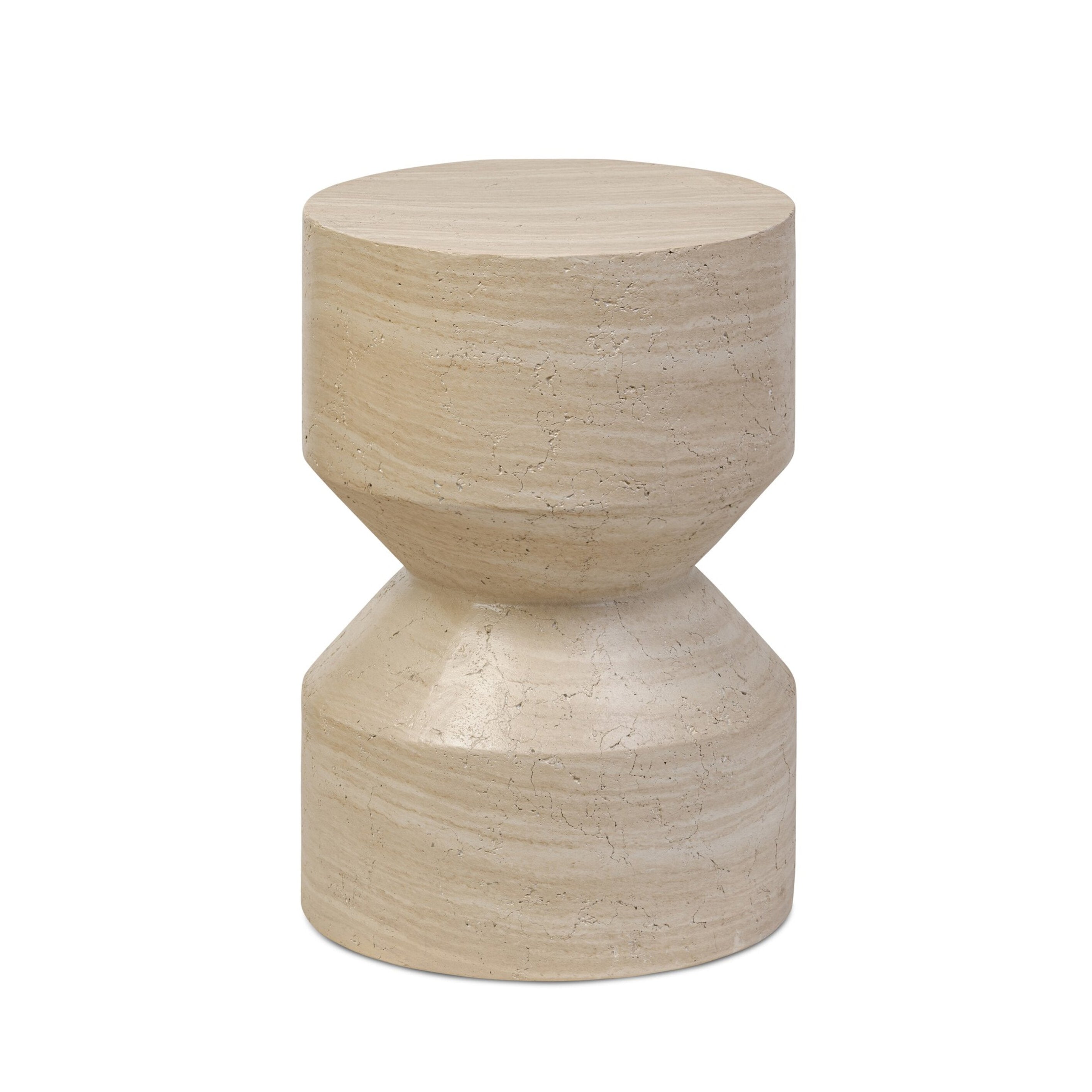 A beige concrete end table with a curved organic form and a textural sand finish.