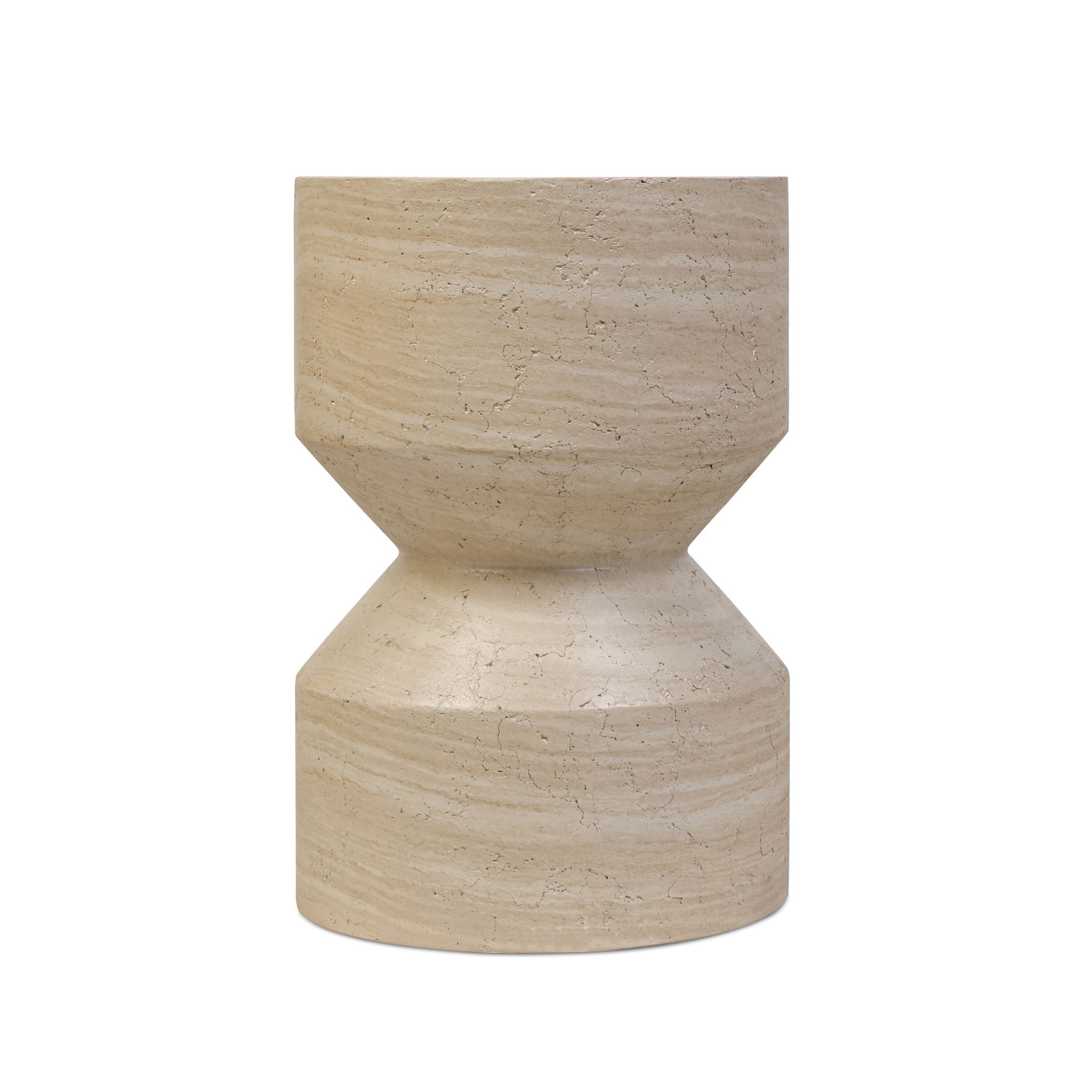 A beige concrete end table with a curved organic form and a textural sand finish.