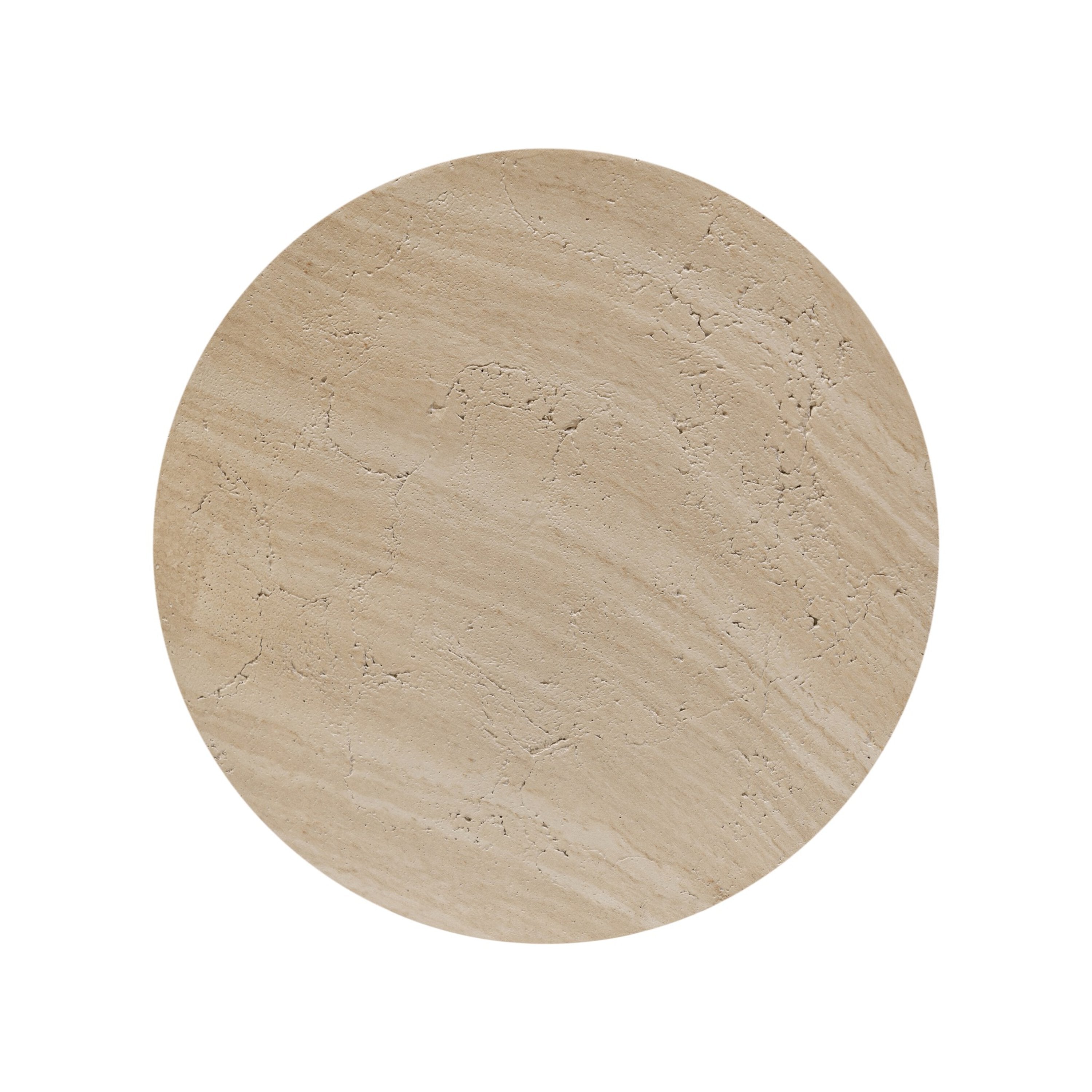 A beige concrete end table with a curved organic form and a textural sand finish.