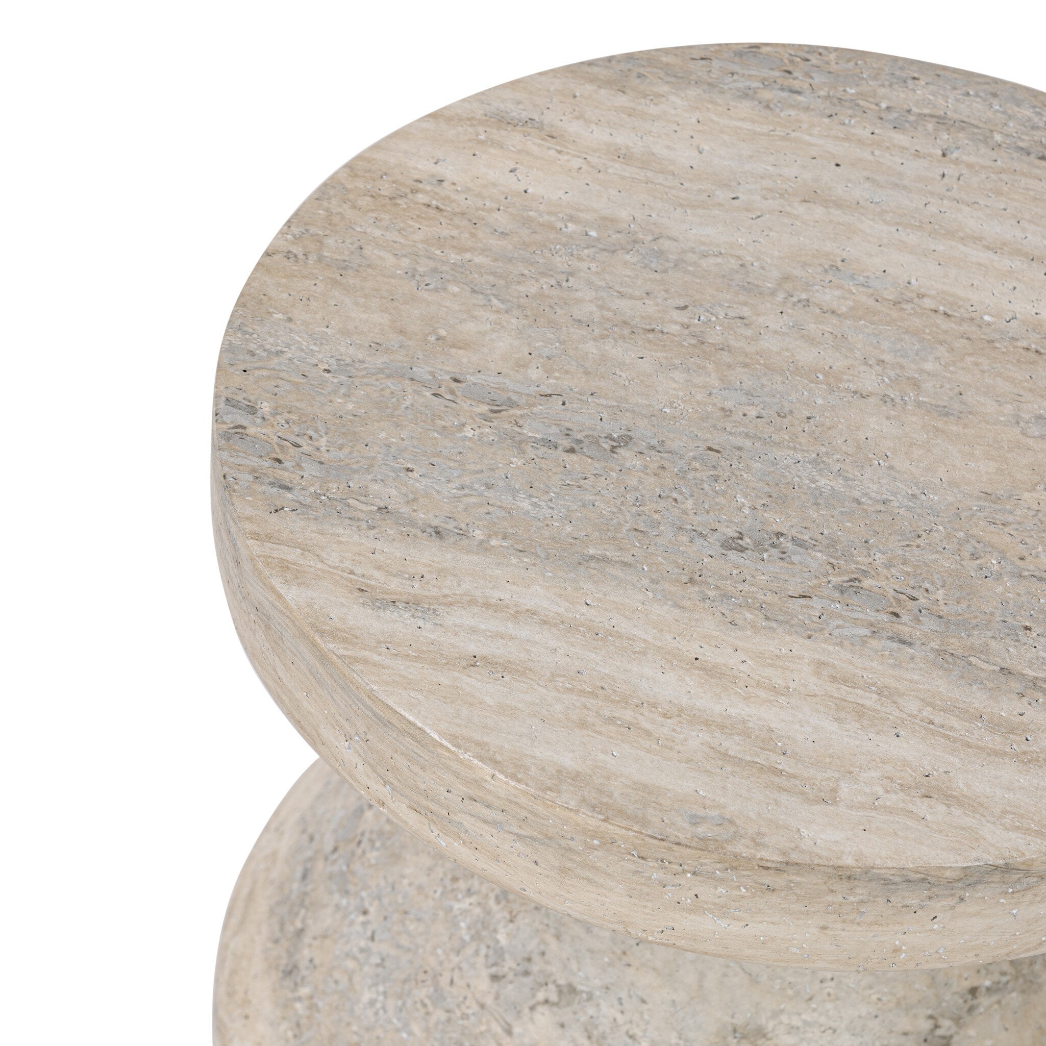 Round marble table with a light gray and beige pattern on a white background