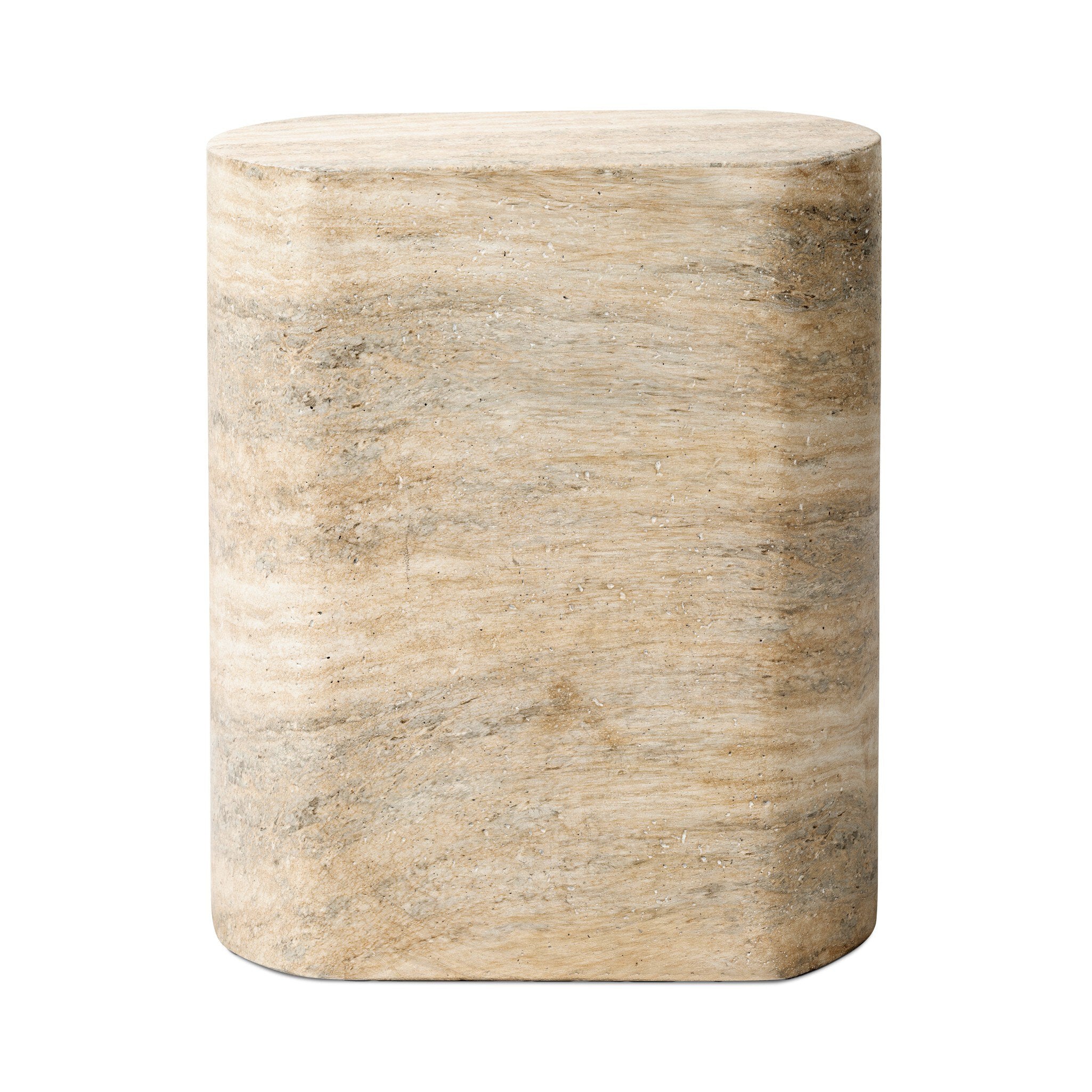 Round faux stone side table with a beige and brown pattern on a white background