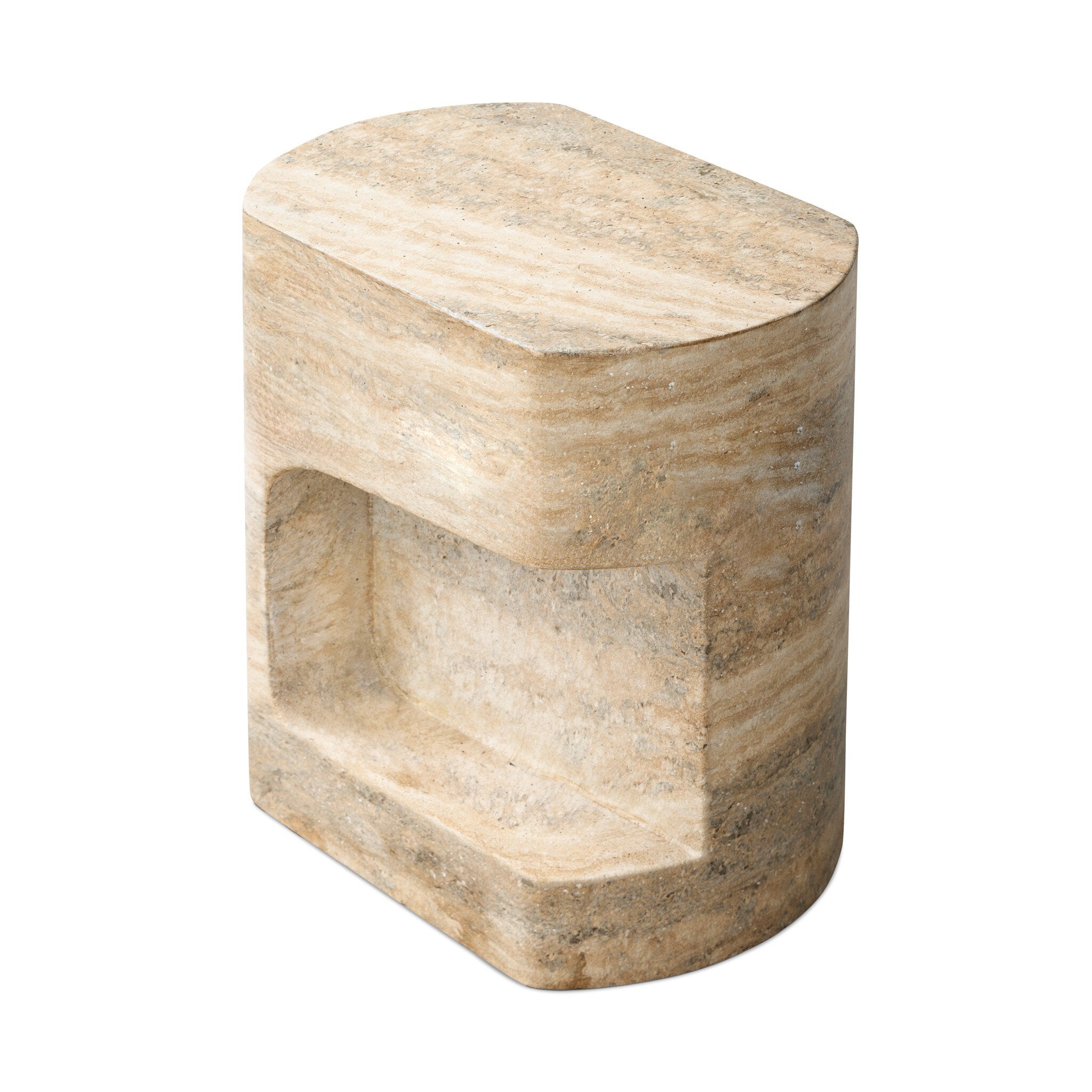 Beige faux stone side table on a white background