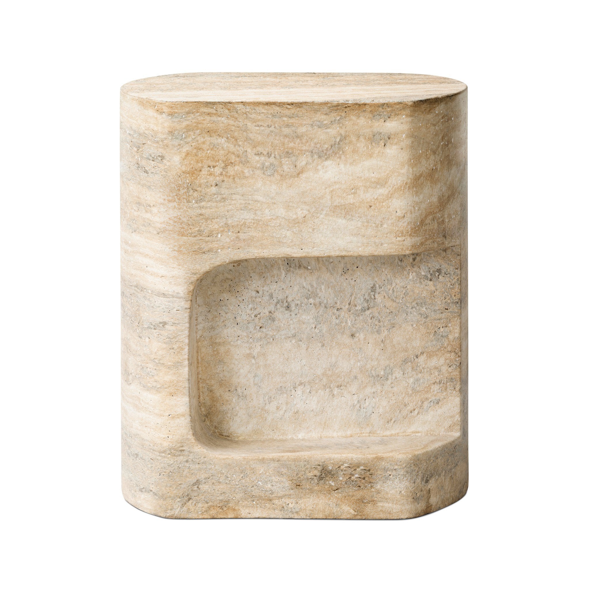 Beige concrete faux stone side table on a white background