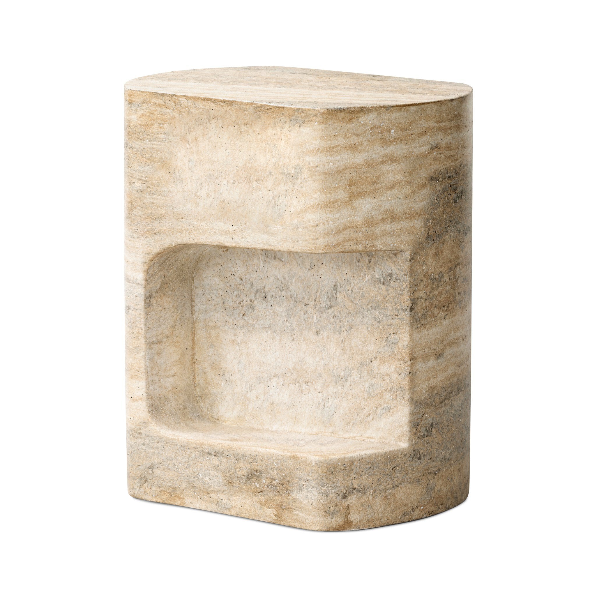 Hexagonal stone side table on a white background