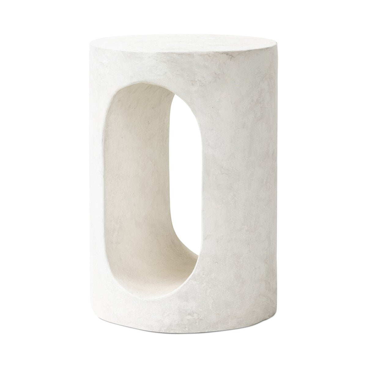 White marble side table with a unique design on a white background