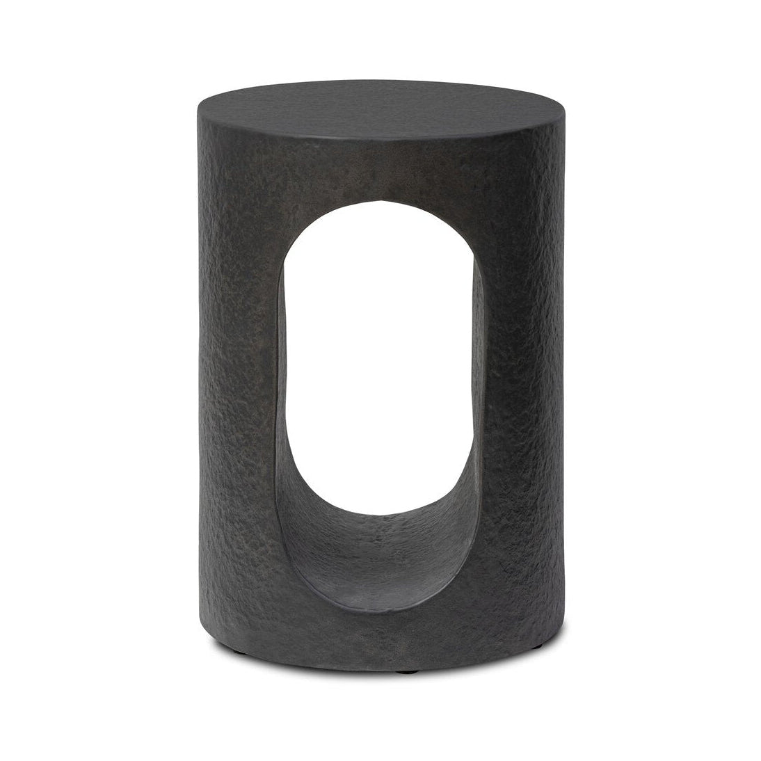 Black cylindrical side table with a central cutout on a white background