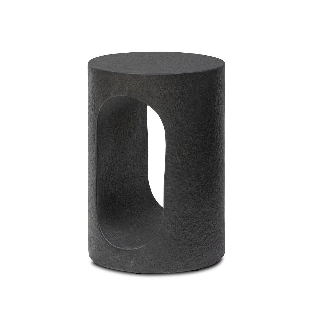 Black cylindrical stool with a central cutout on a white background