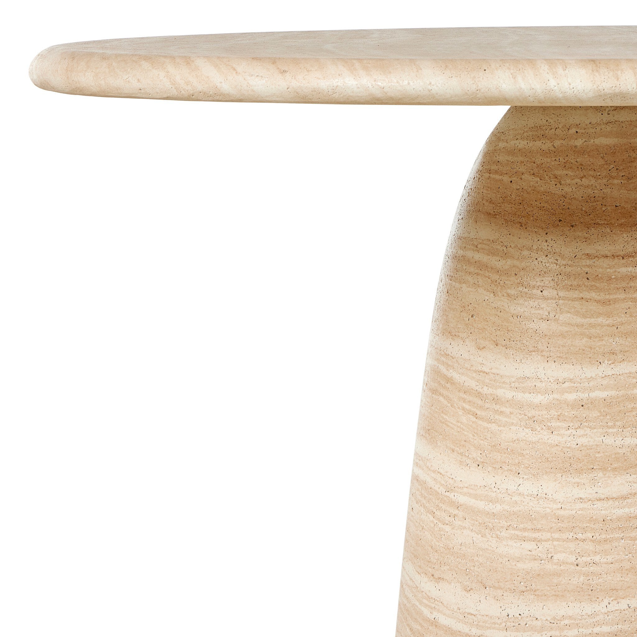 Close-up of a concrete dining table with a white background