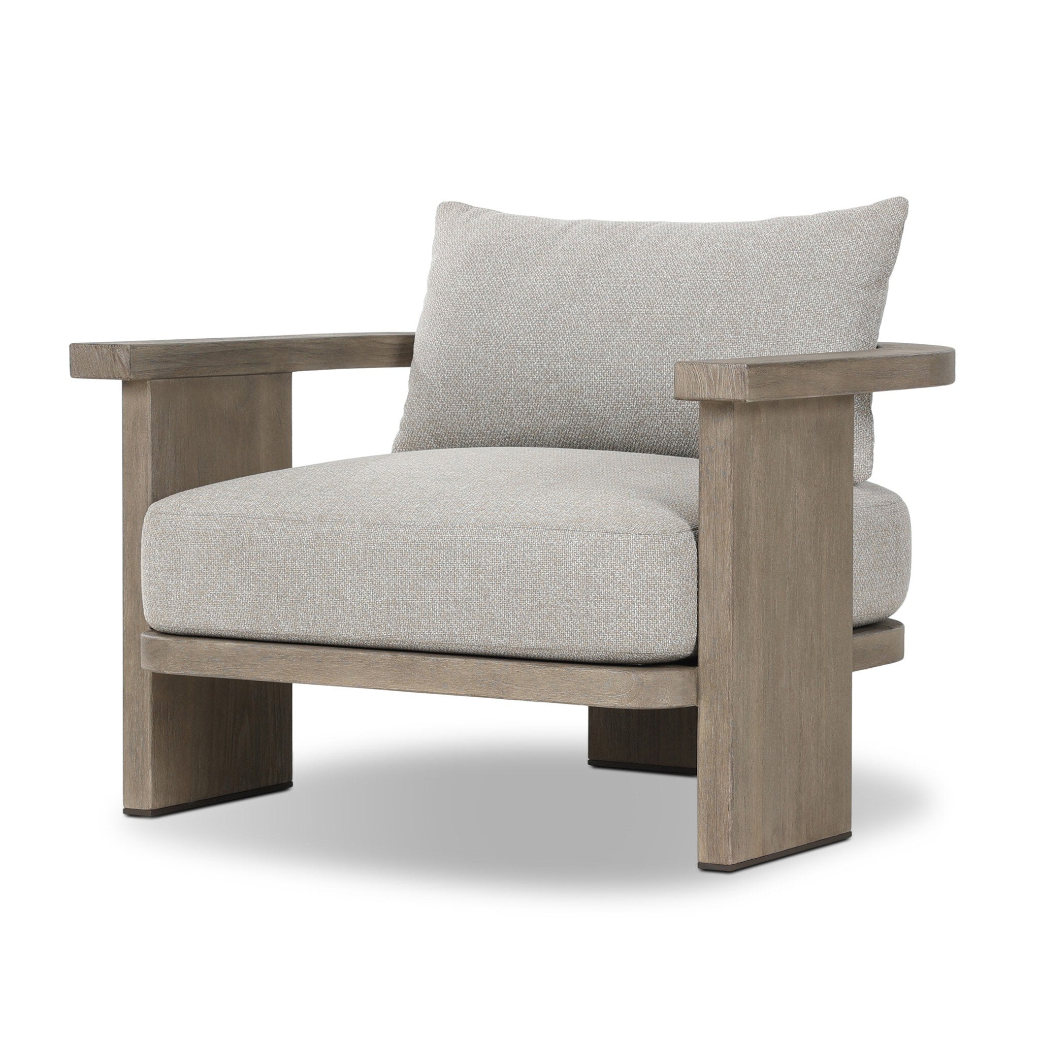 Chair with wooden frame and light gray cushion on a white background