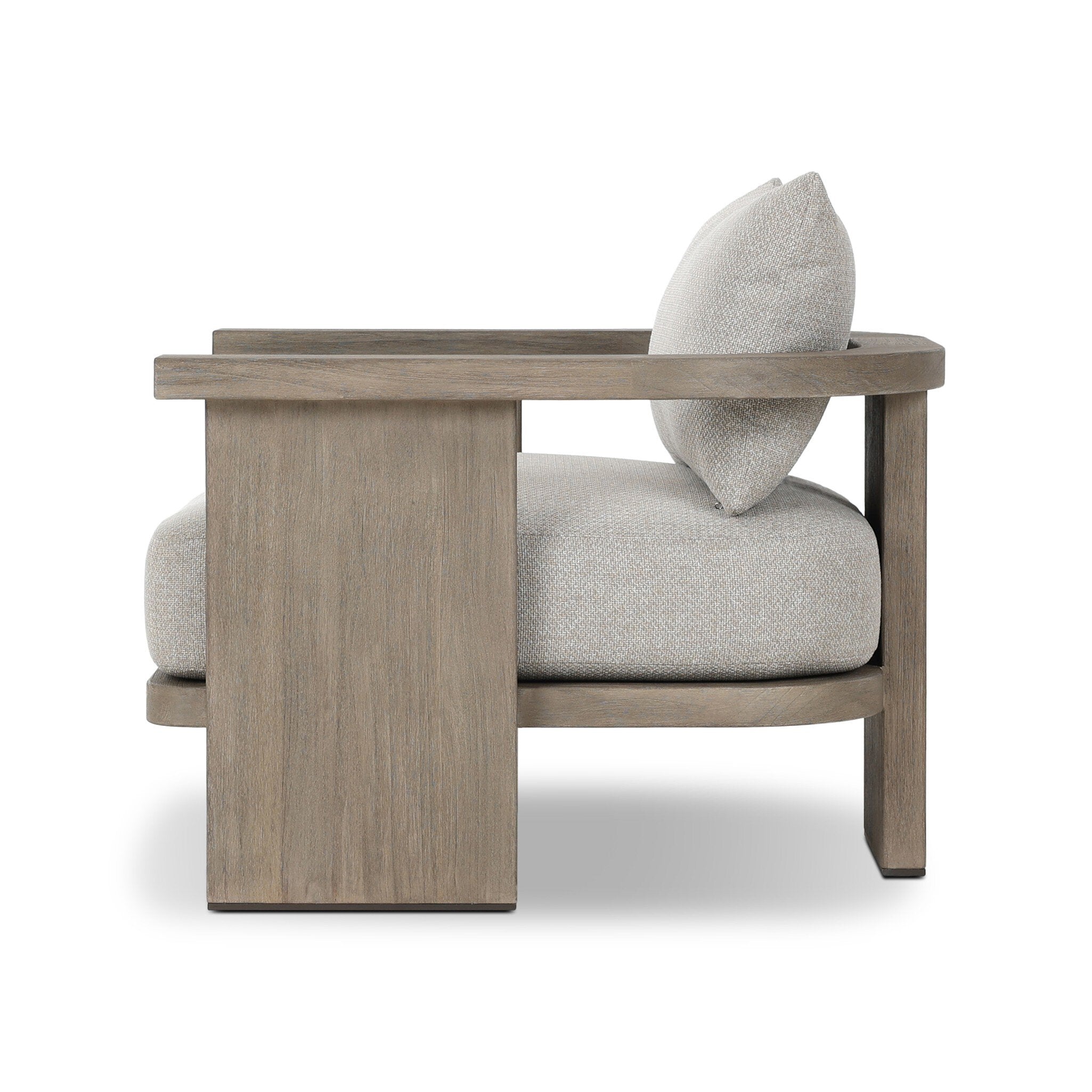 Modern outdoor armchair with wooden frame and gray cushion on a white background