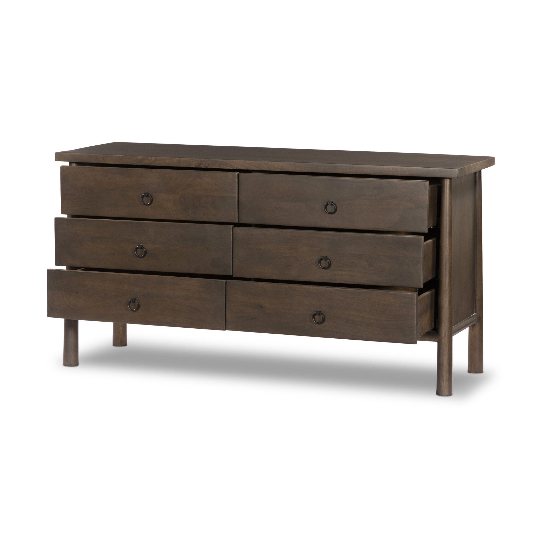 Wooden dresser with six drawers open on a white background