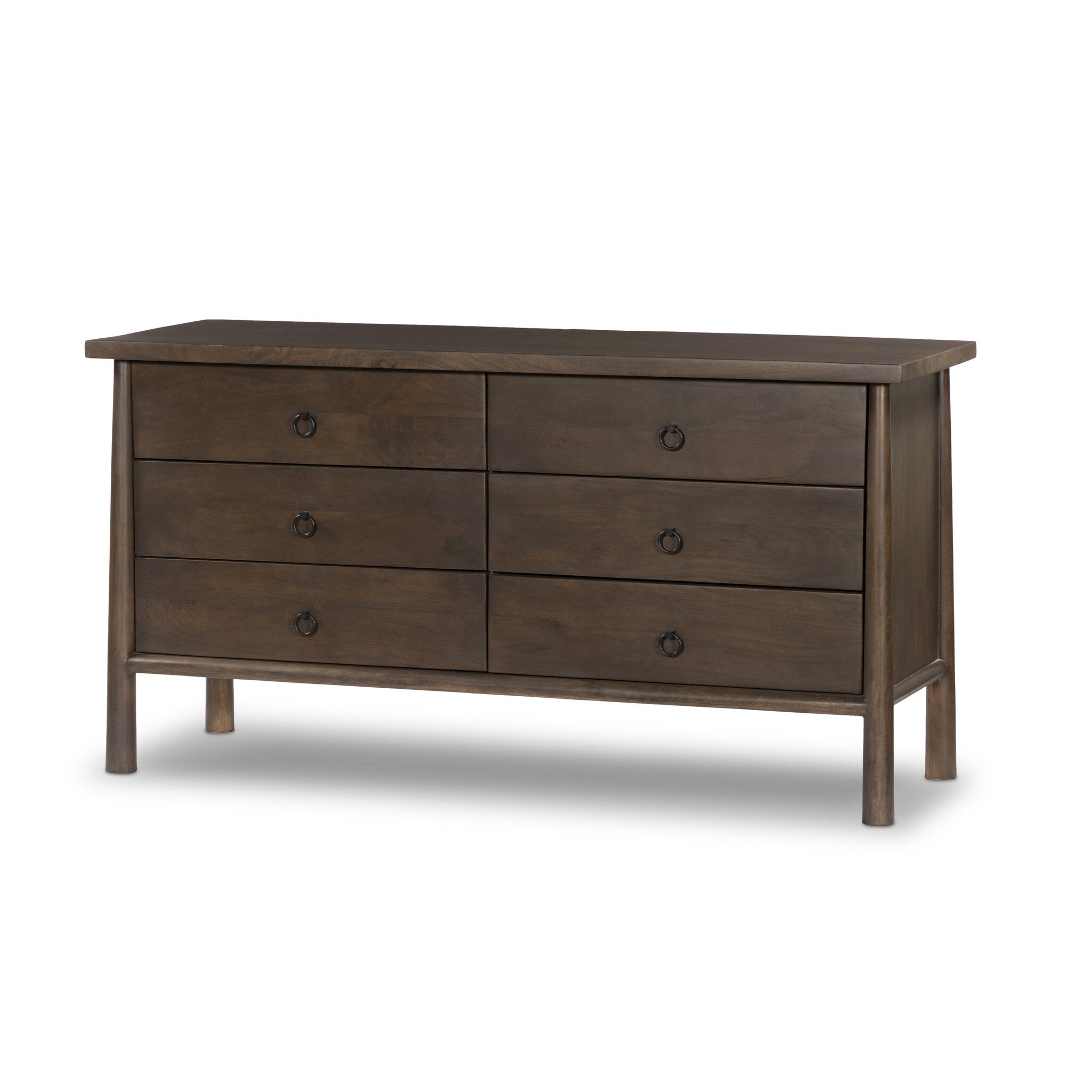 Wooden dresser with six drawers on a white background