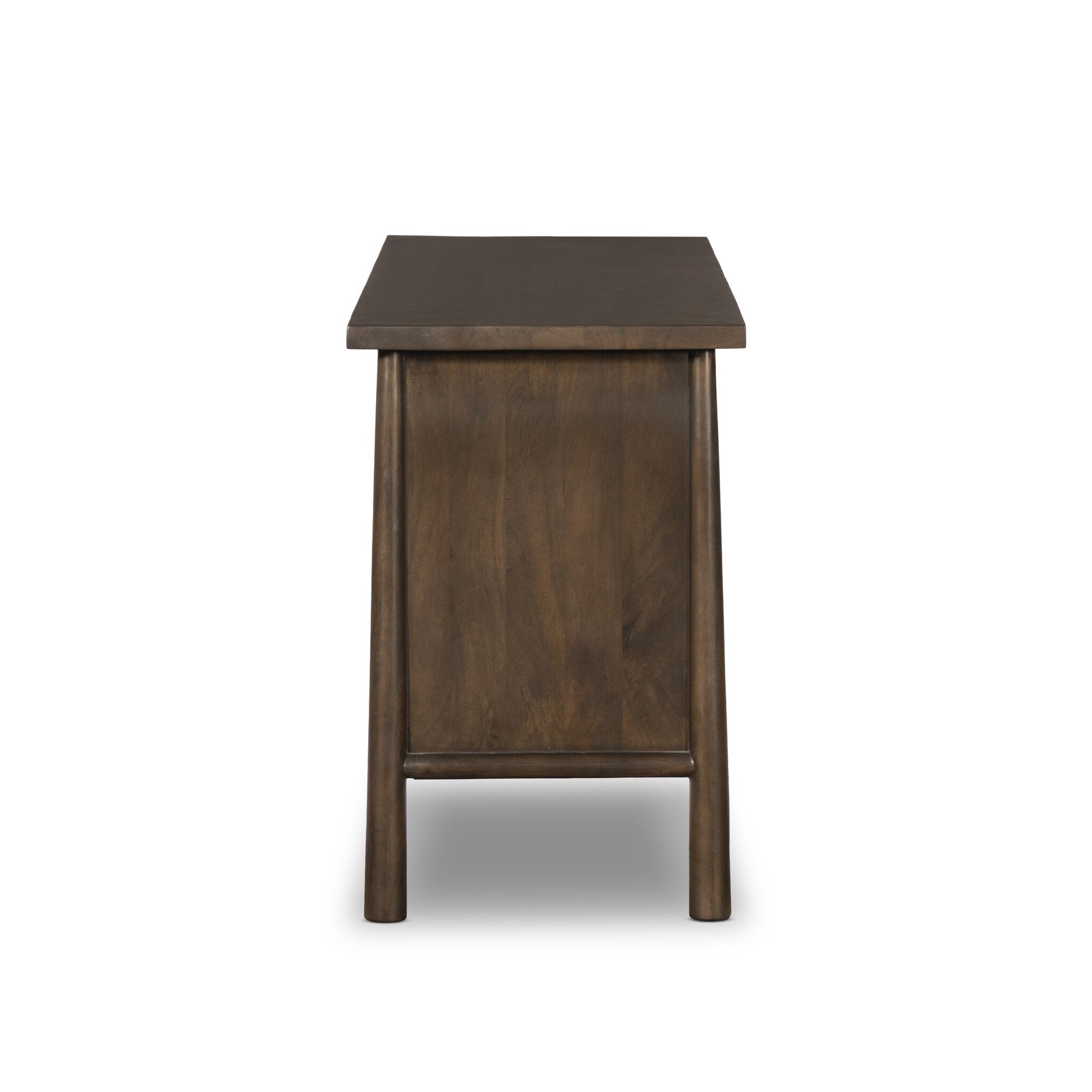 Side-view of Wooden dresser with a dark brown finish on a white background
