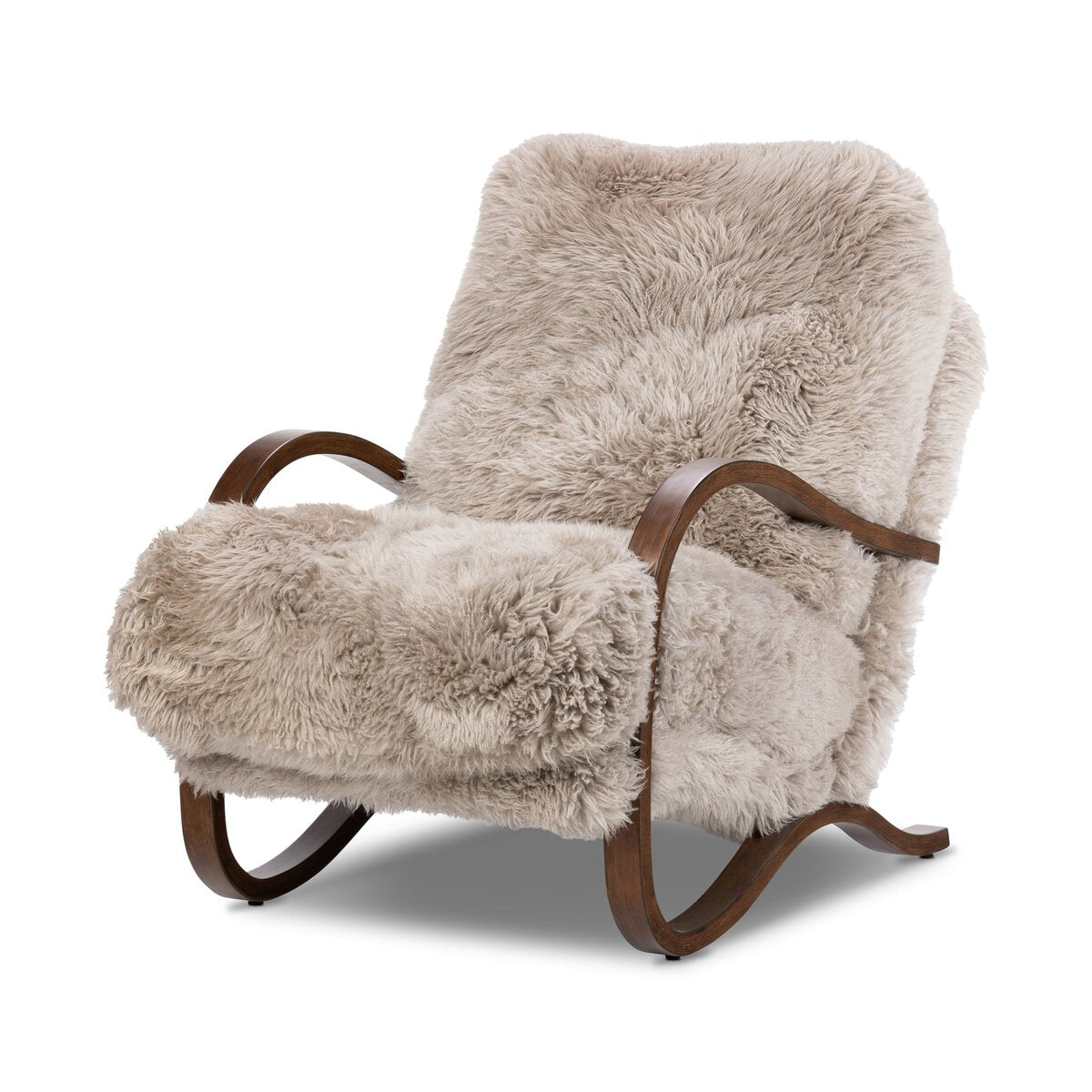 Fluffy gray armchair with wooden frame on a white background