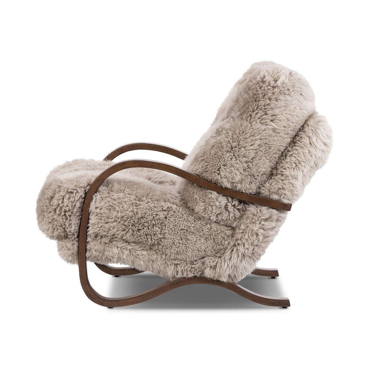 Fluffy beige armchair with brown wooden frame on a white background