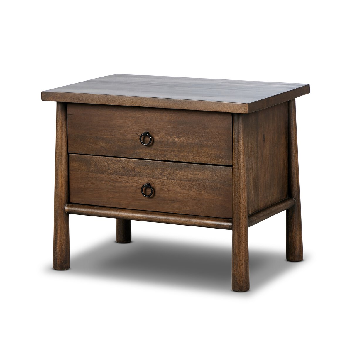 Wooden nightstand with two drawers on a white background