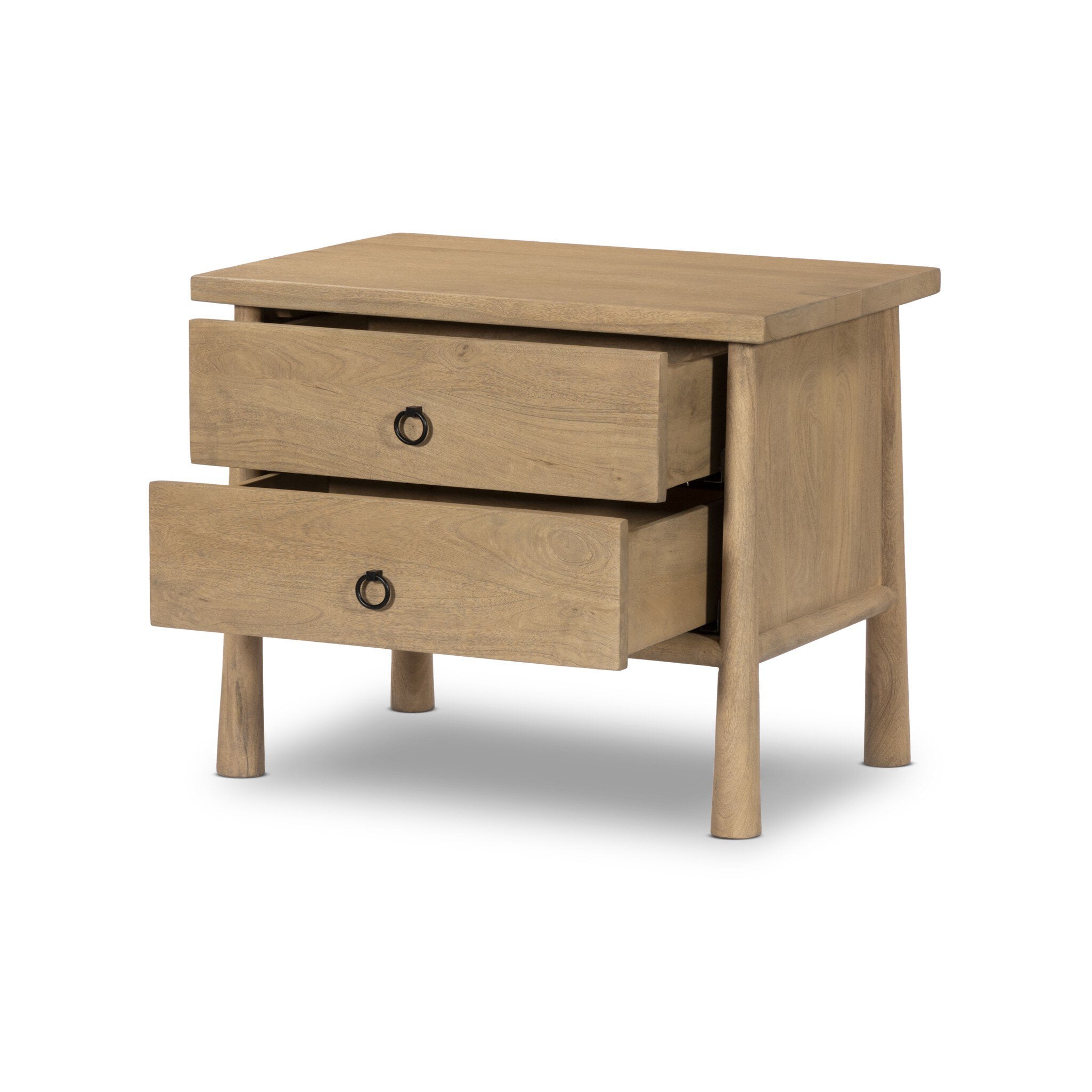 Wooden nightstand with two drawers on a white background