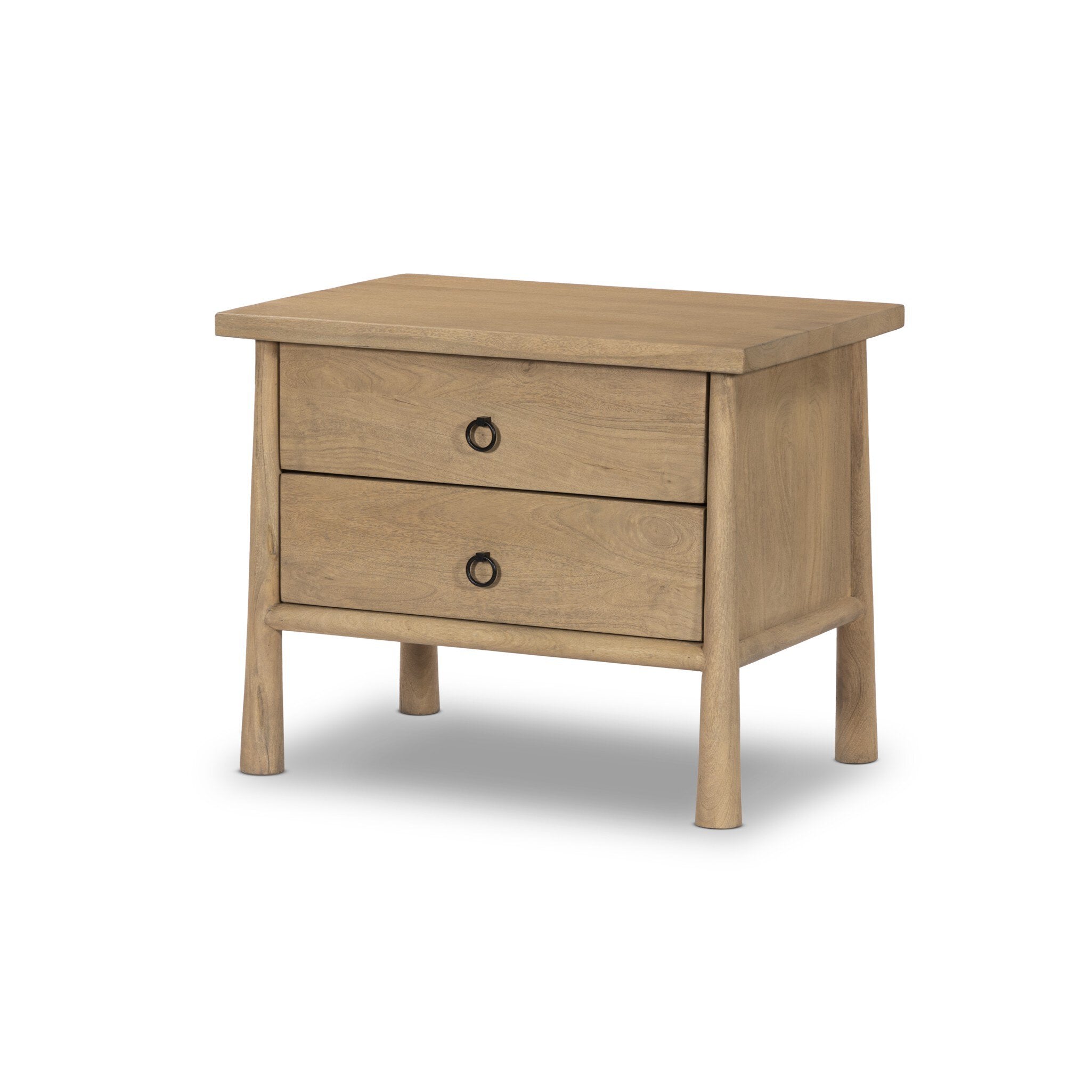 Wooden nightstand with two drawers on a white background