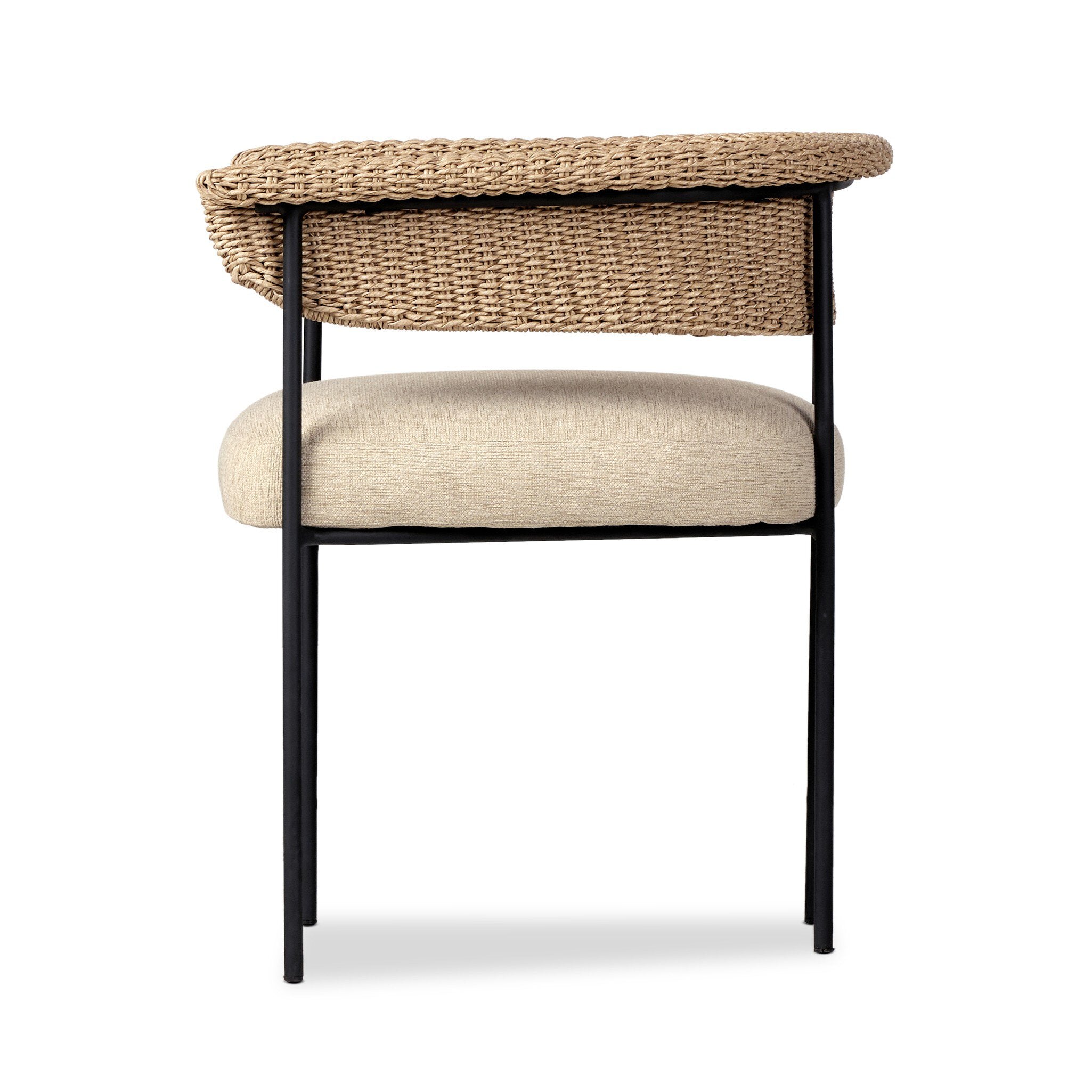 Chair with woven backrest and upholstered seat on a white background