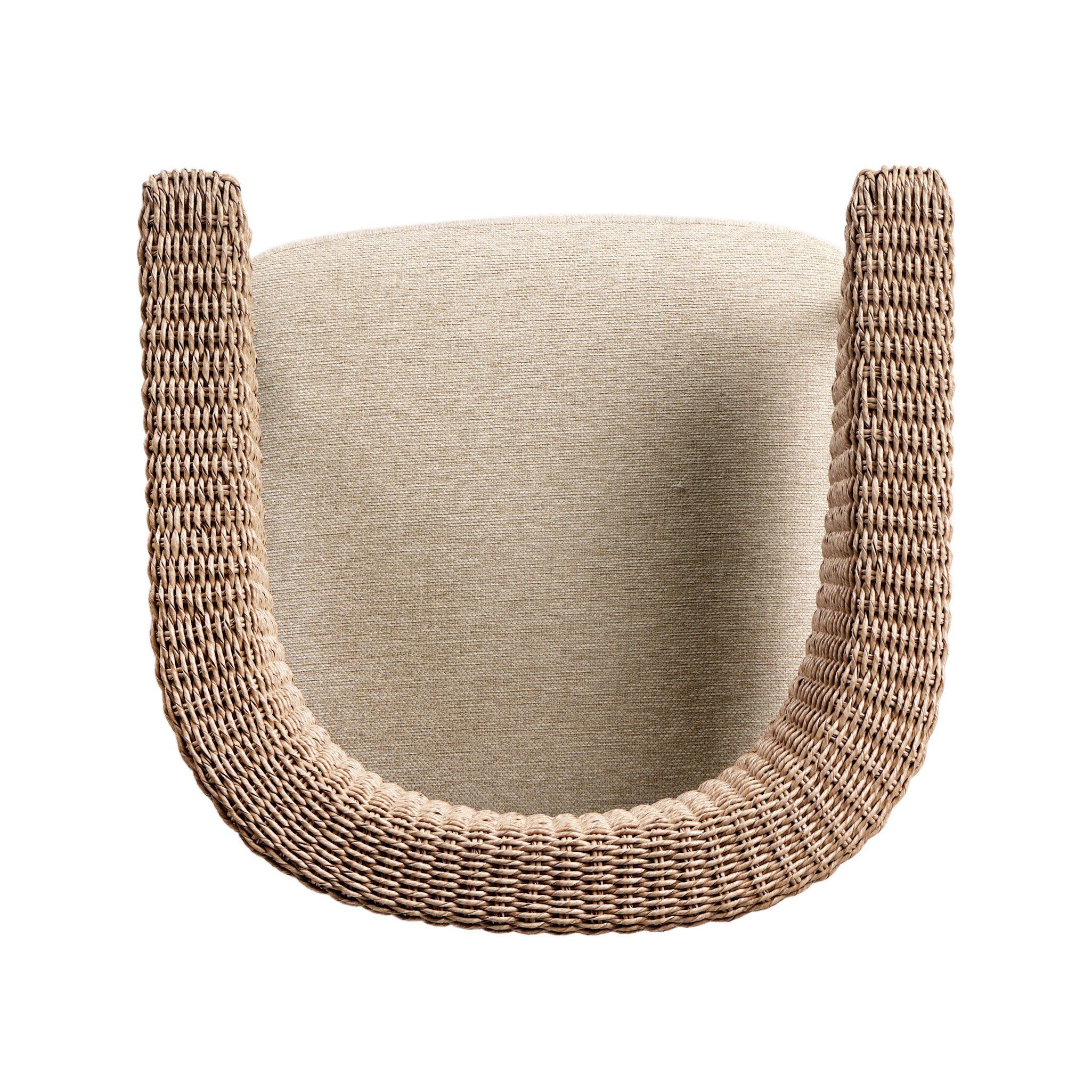 Beige cushion with woven beige armrests on a white background