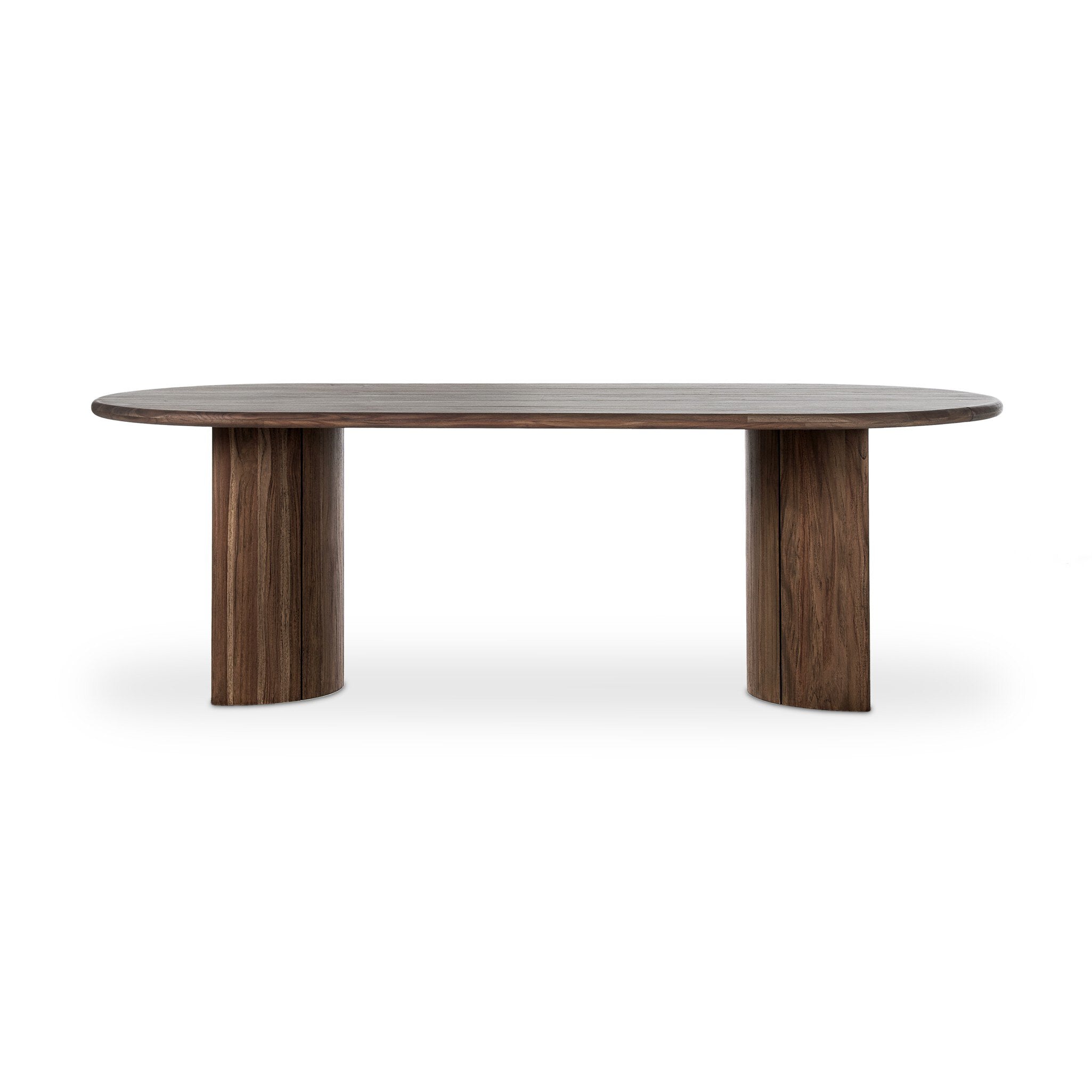 Wooden outdoor dining table with a round top and cylindrical legs on a white background