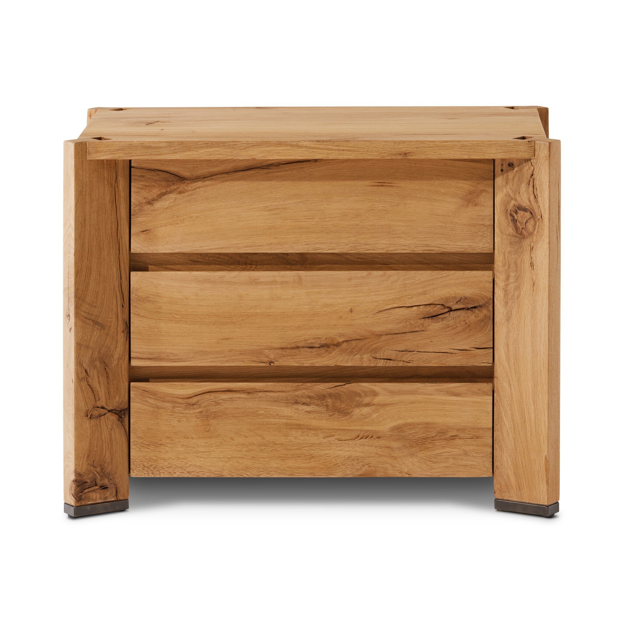 Wooden nightstand with two drawers on a white background