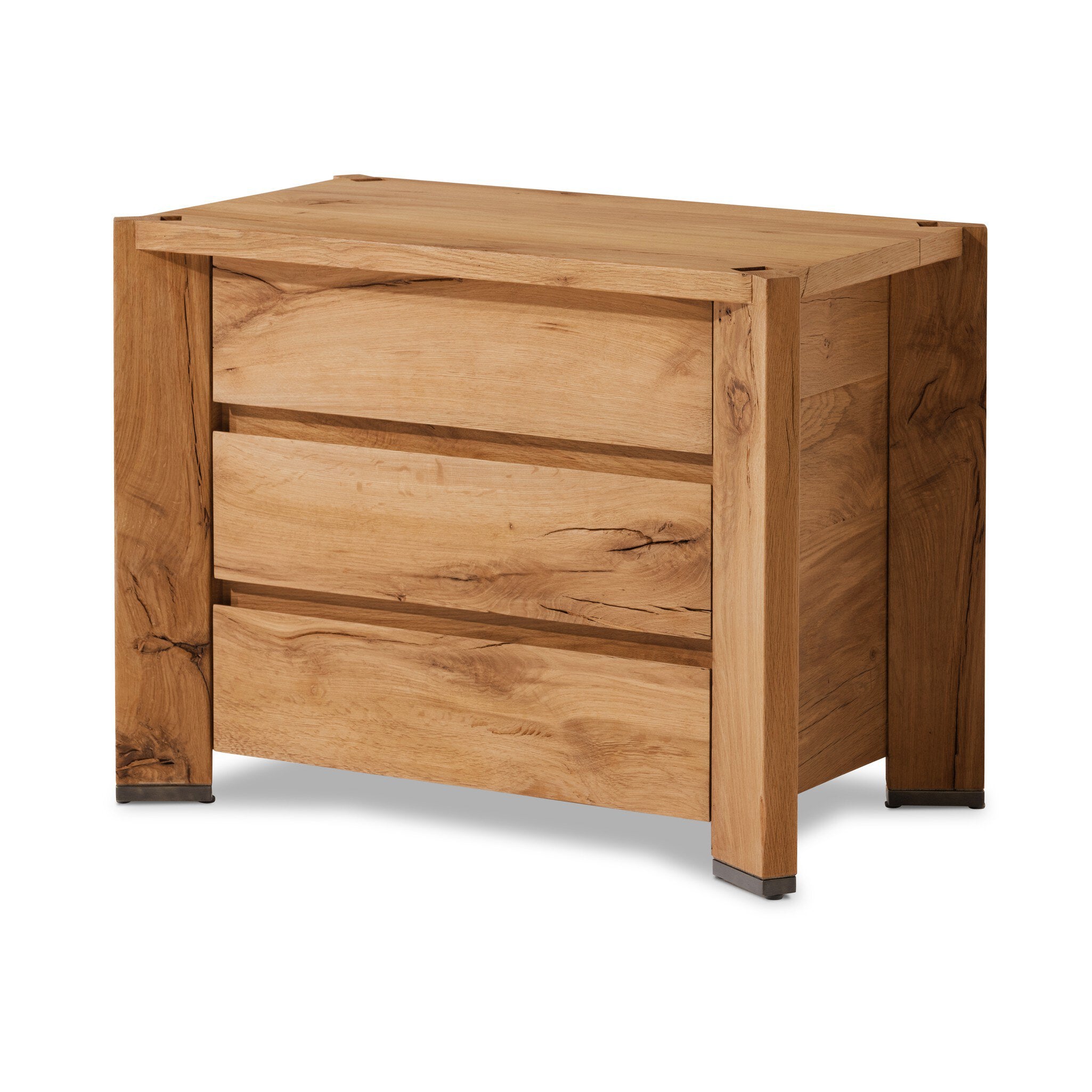 Wooden nightstand with three drawers on a white background