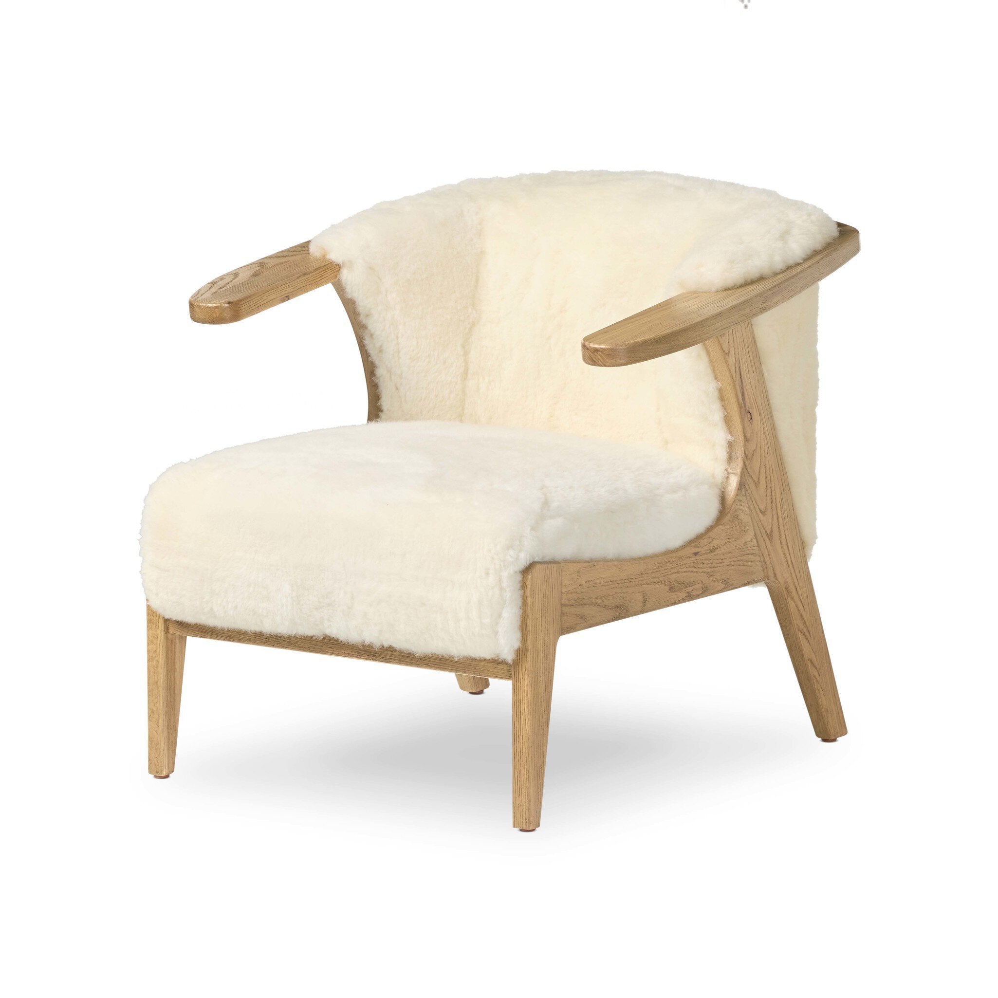Chair with white fur upholstery and wooden frame on a white background