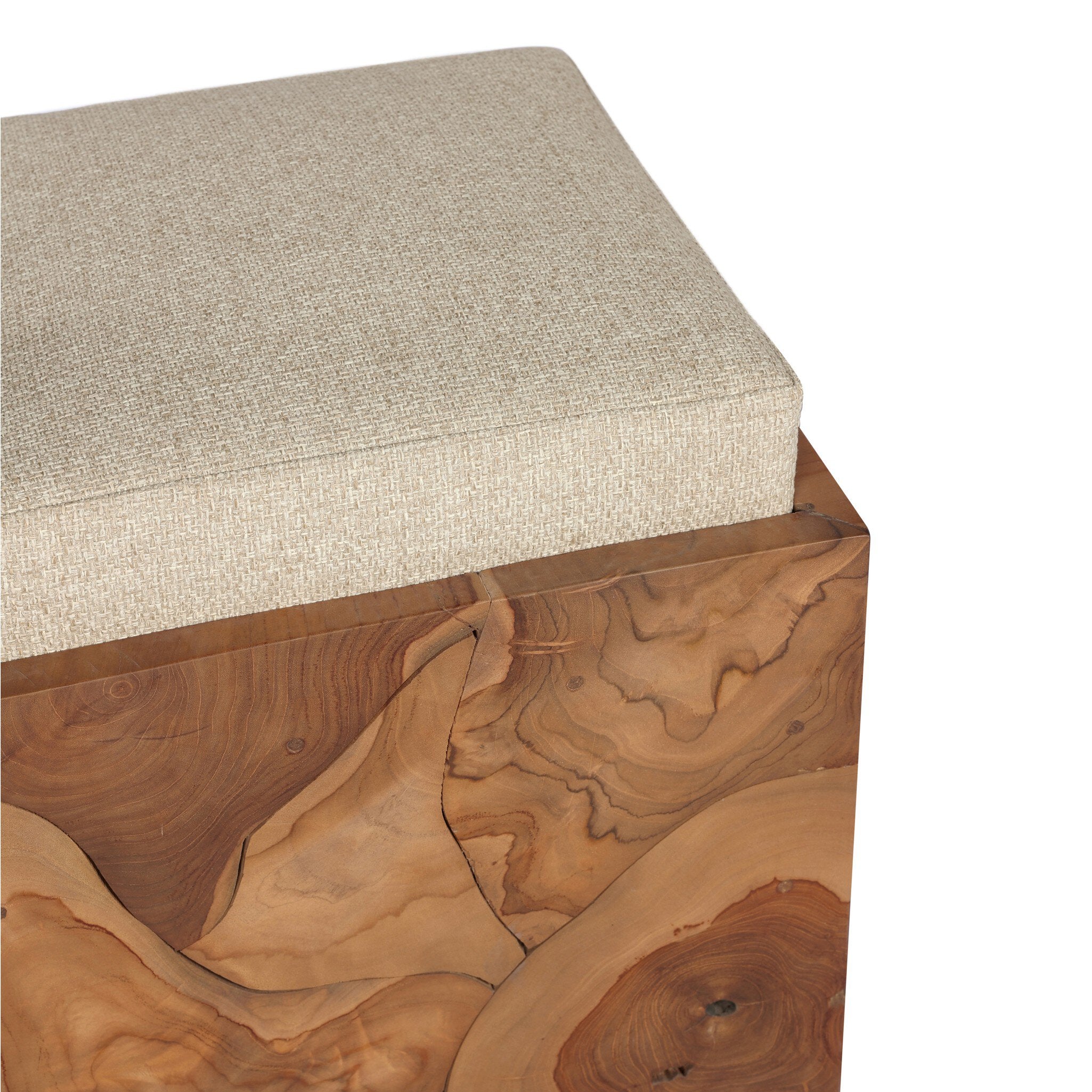 Wooden stool with a textured beige cushion on a white background