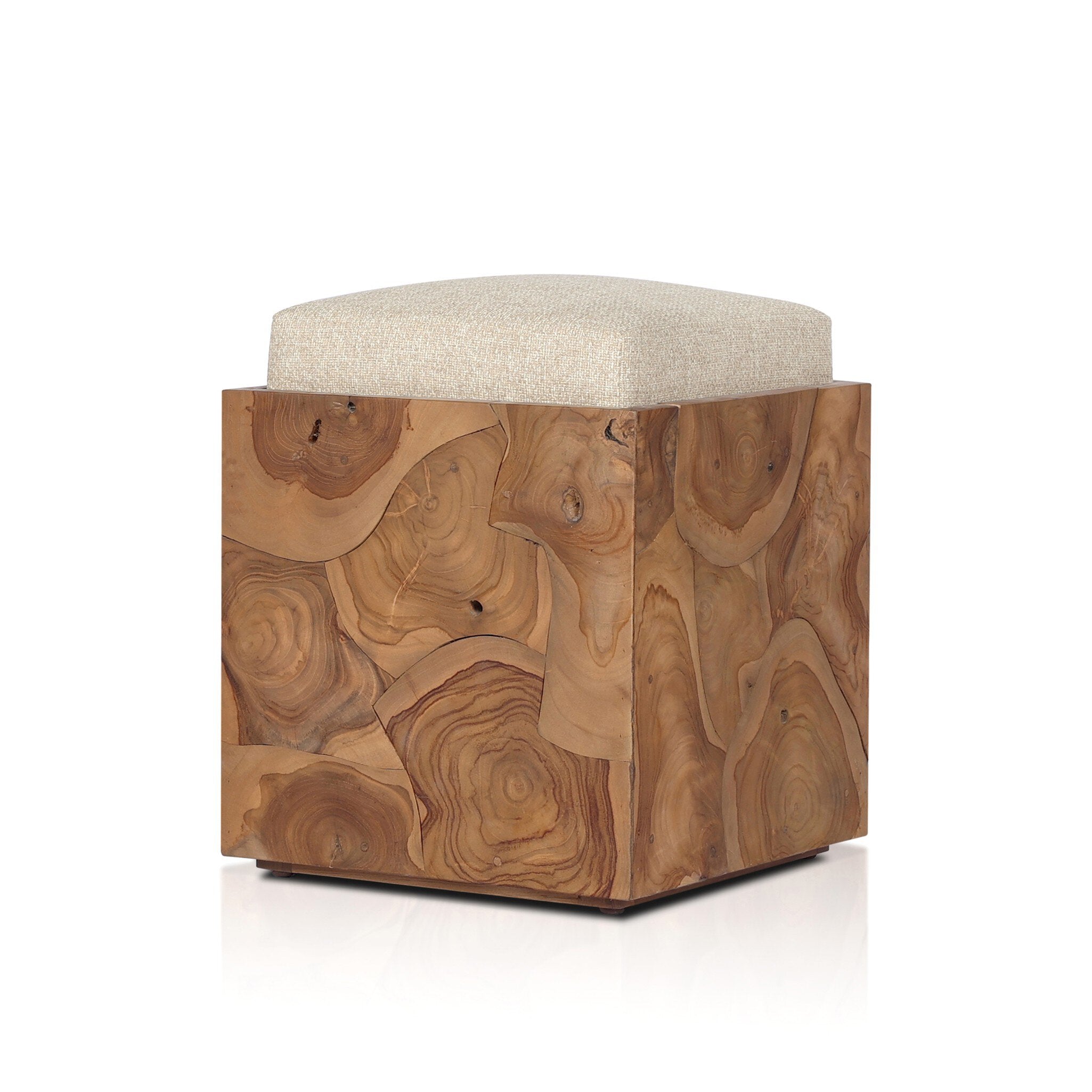 Wooden cube ottoman with a textured surface and beige cushion on a white background