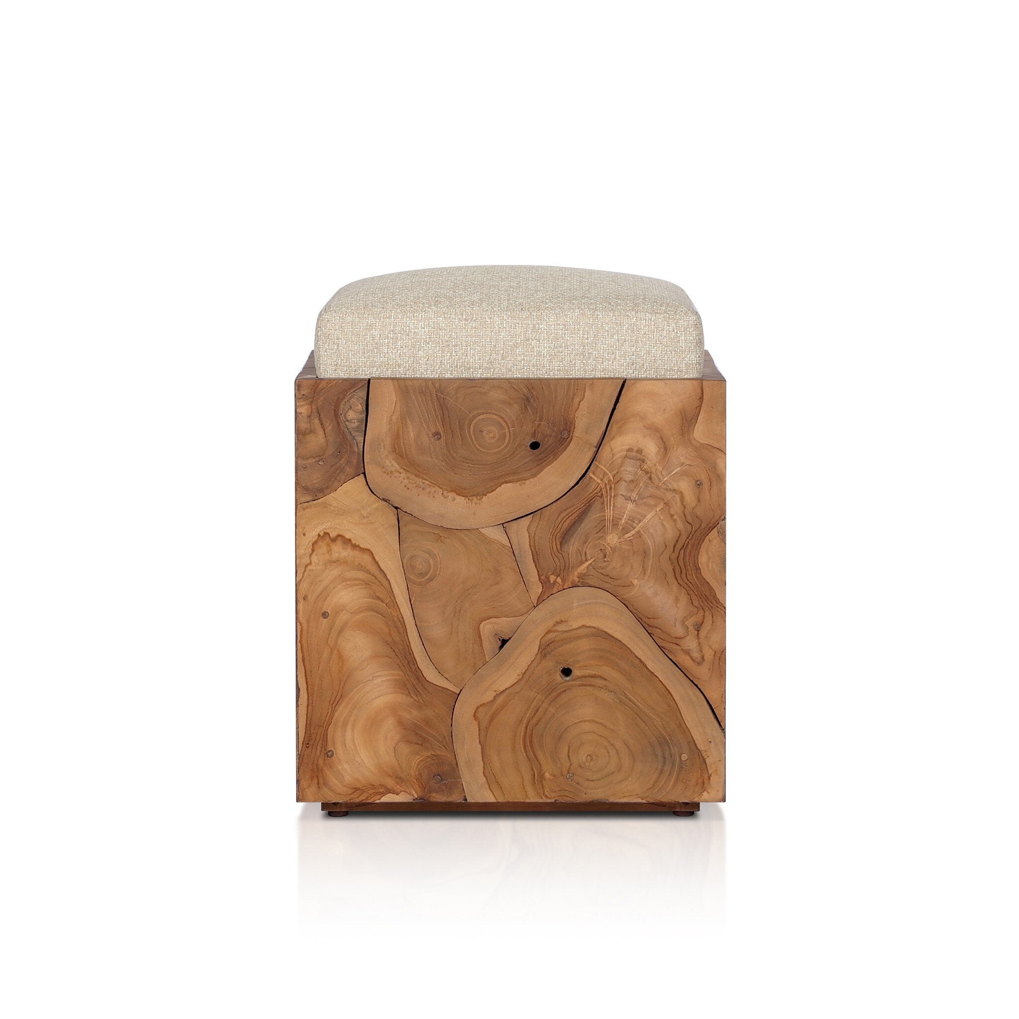 Wooden stool with a textured cushion on a white background