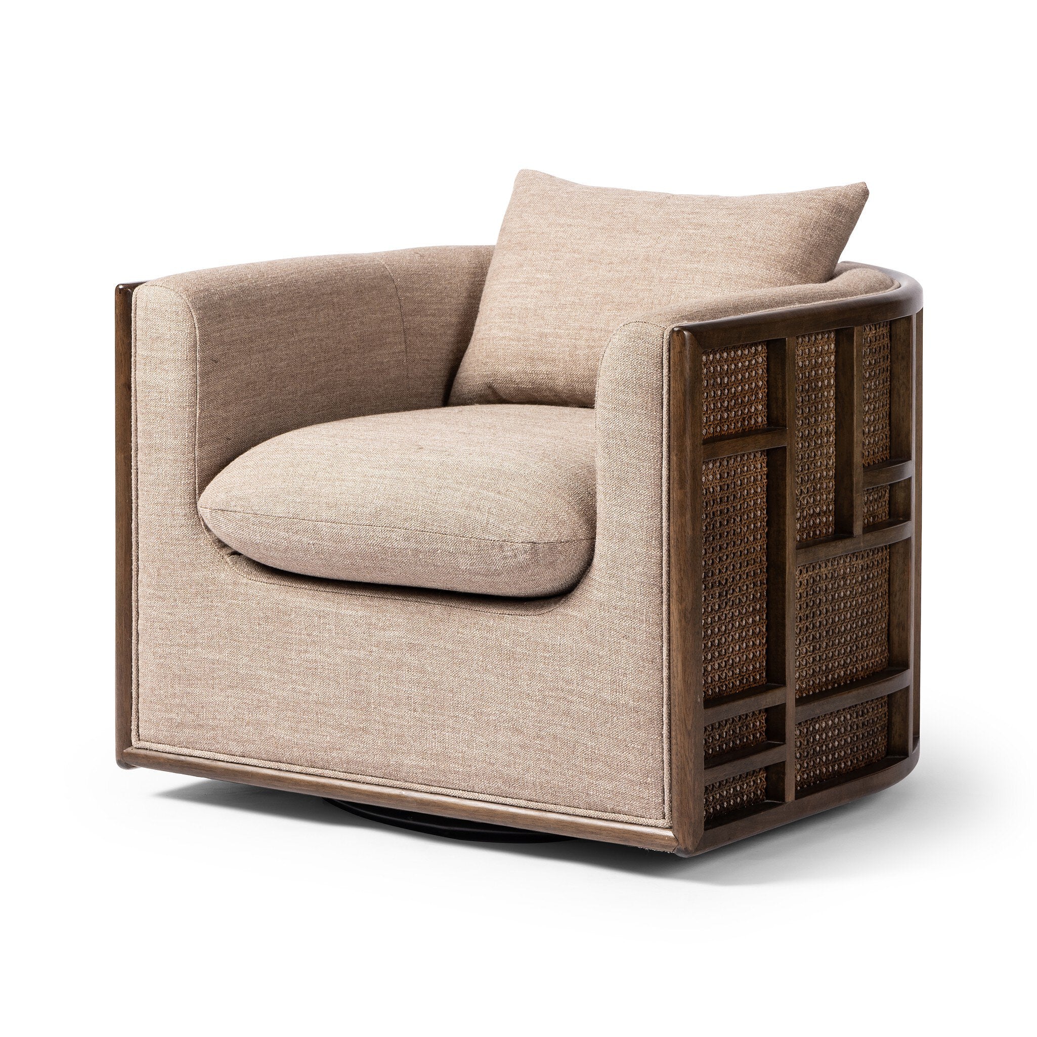 Beige armchair with wicker backrest on a white background